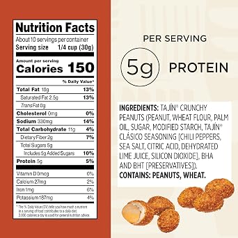 Snak Club Tajin Crunchy Peanuts, Nuts with Chili and Lime Seasoning, Mild, 10.5 oz Resealable Bag