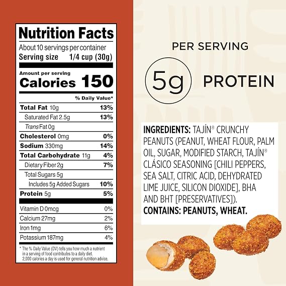 Snak Club Tajin Crunchy Peanuts, Nuts with Chili and Lime Seasoning, Mild, 10.5 oz Resealable Bag