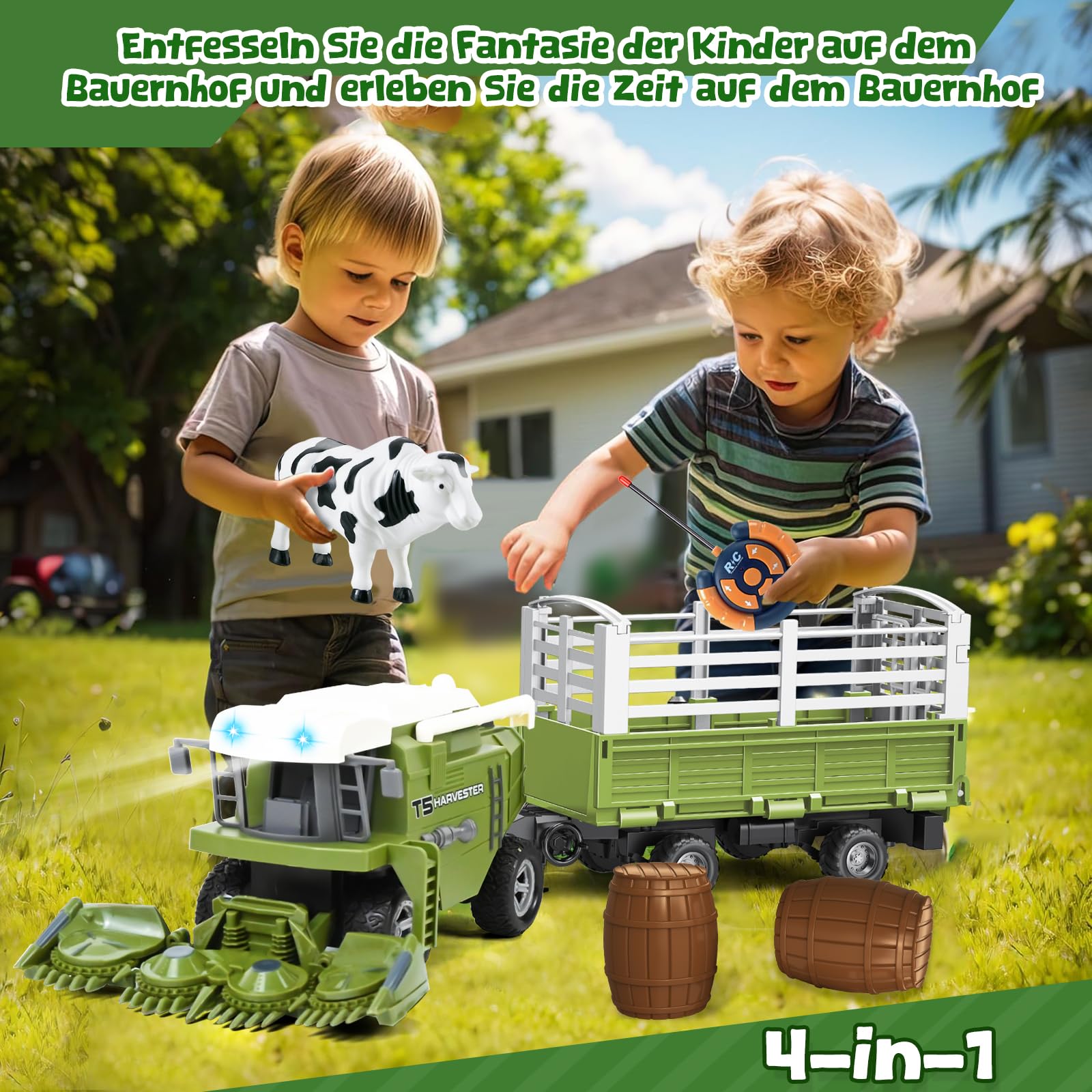 Joellfuner RC Mähdrescher Spielzeug, Ferngesteuert Mähdrescher für Kinder, Mähdrescher Spielzeug Ferngesteuert mit Anhänger, Licht, Kuh, RC Traktor Spielzeugs, Weihnachten Geschenk für Kinder ab 3+