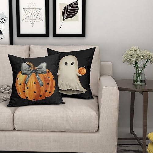 Miniatura 6 de aportt Juego de 2 fundas de almohada de Halloween de 18 x 18 pulgadas, diseño de calabaza, fantasma, color negro, lino y algodón, fundas de cojín