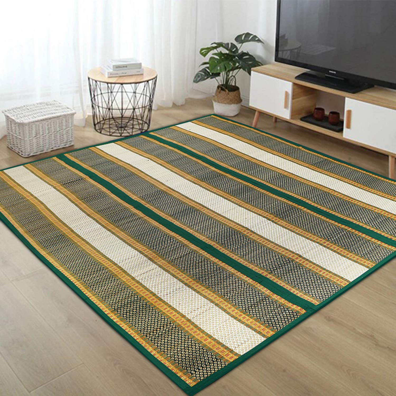 HOKIPO Madurkathi Classic Contemporary Chatai Mat (Green, 6.5x4.5 Feet, Pack of 1)Rectangular