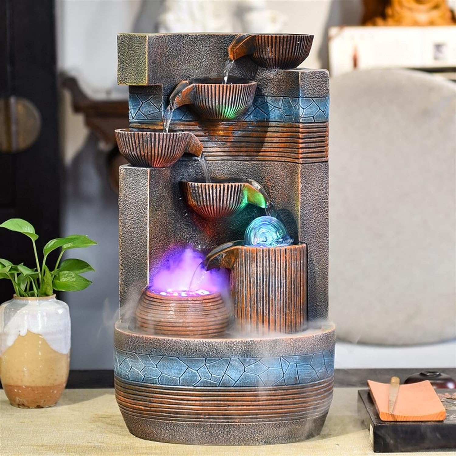 Indoor Tabletop Fountains 6-Tier Cascading Tabletop Fountain - Indoor Water Fountain Decor Tabletop Relaxation Waterfall Feature - for Indoor Home Office Decor Decoration Meditation Fountain