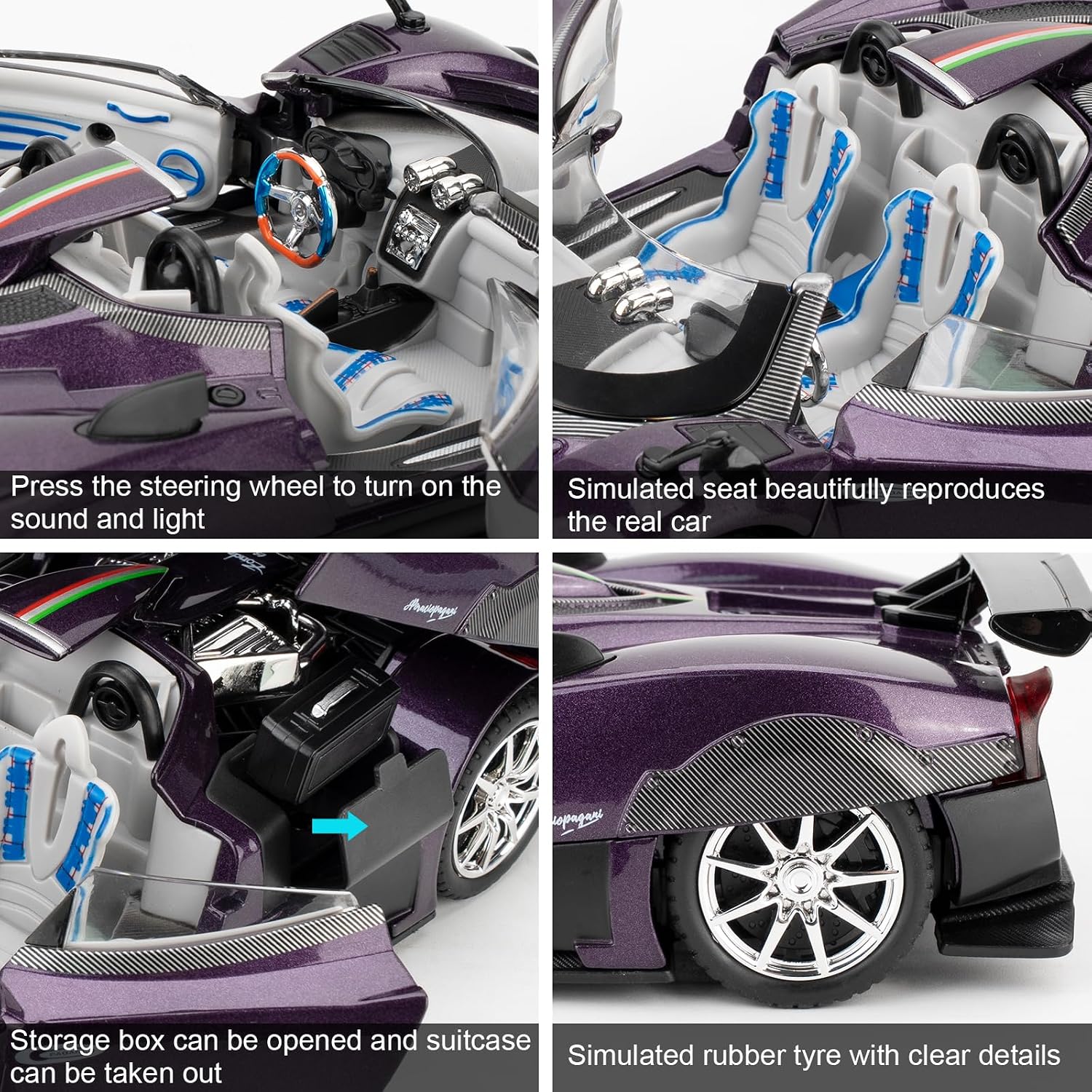 1/24 Car Model Compatible for Pagani Zonta HP Diecast Toy Car, Pull Back Cabriolet Vehicles Toy with Sound and Light, Birthday Gifts for Adults Kids Boys Girls (Purple)