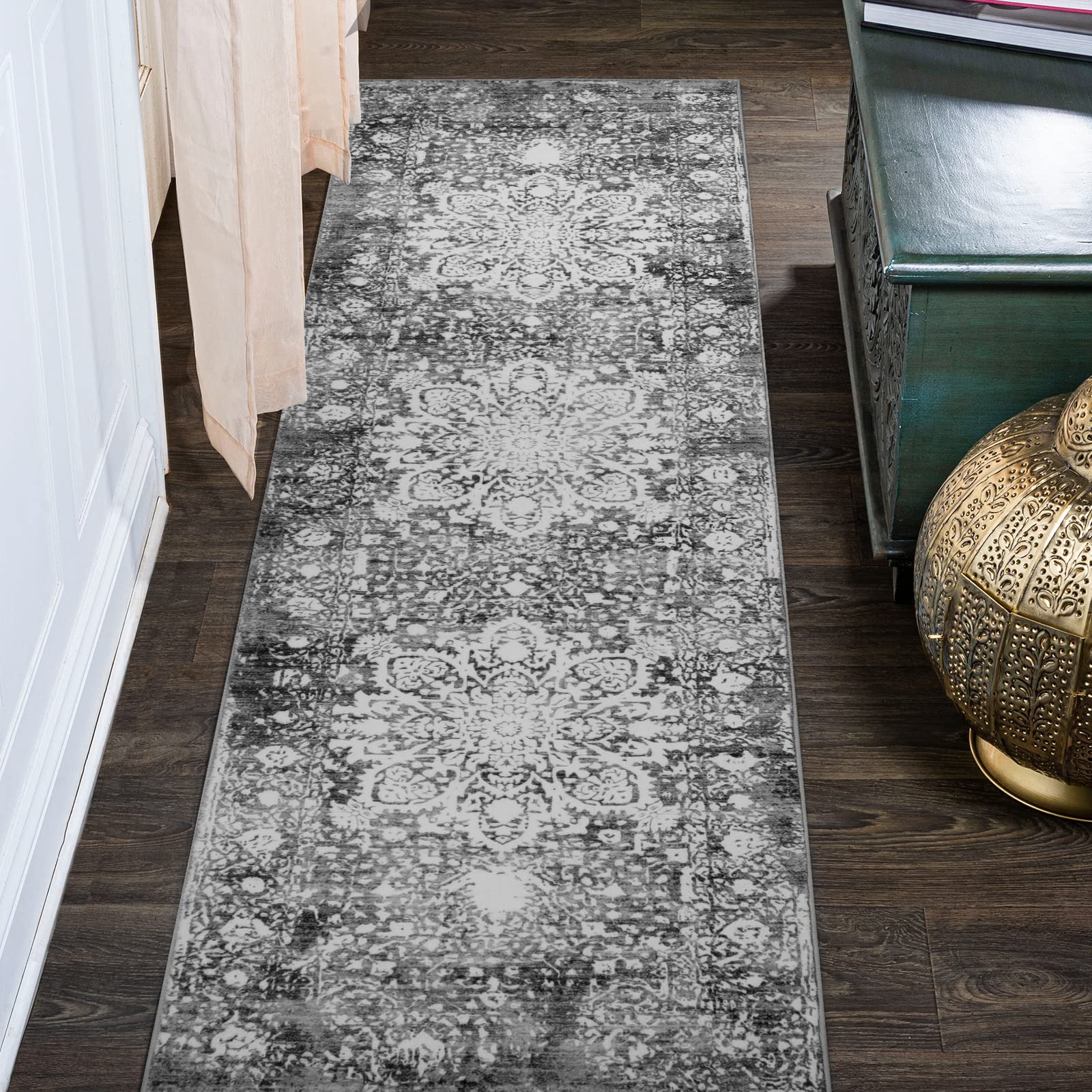 2' x 8' Beeiva Medallion Washable Rug Runner, Grey Vintage Distressed Bathroom Long Hallway Runner Rugs with Rubber Backing, Carpet Runner Rug for Hallways Bedroom Entryway Laundry Room
