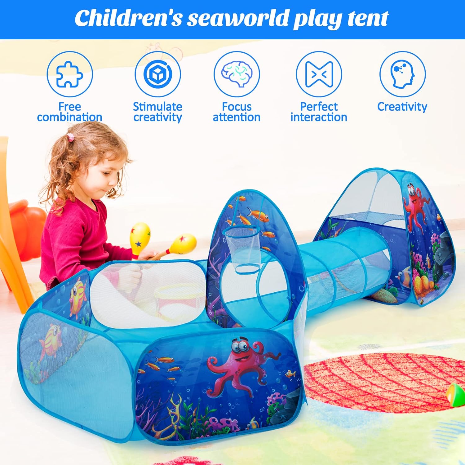 5pc Kids Play Tent with Tunnel for Toddlers, Pop up Play Tent for Kids Baby Play Tunnel Tents Crawl Tunnels Indoor Outdoor Playhouse with Basketball Pit Play Center : Toys & Games