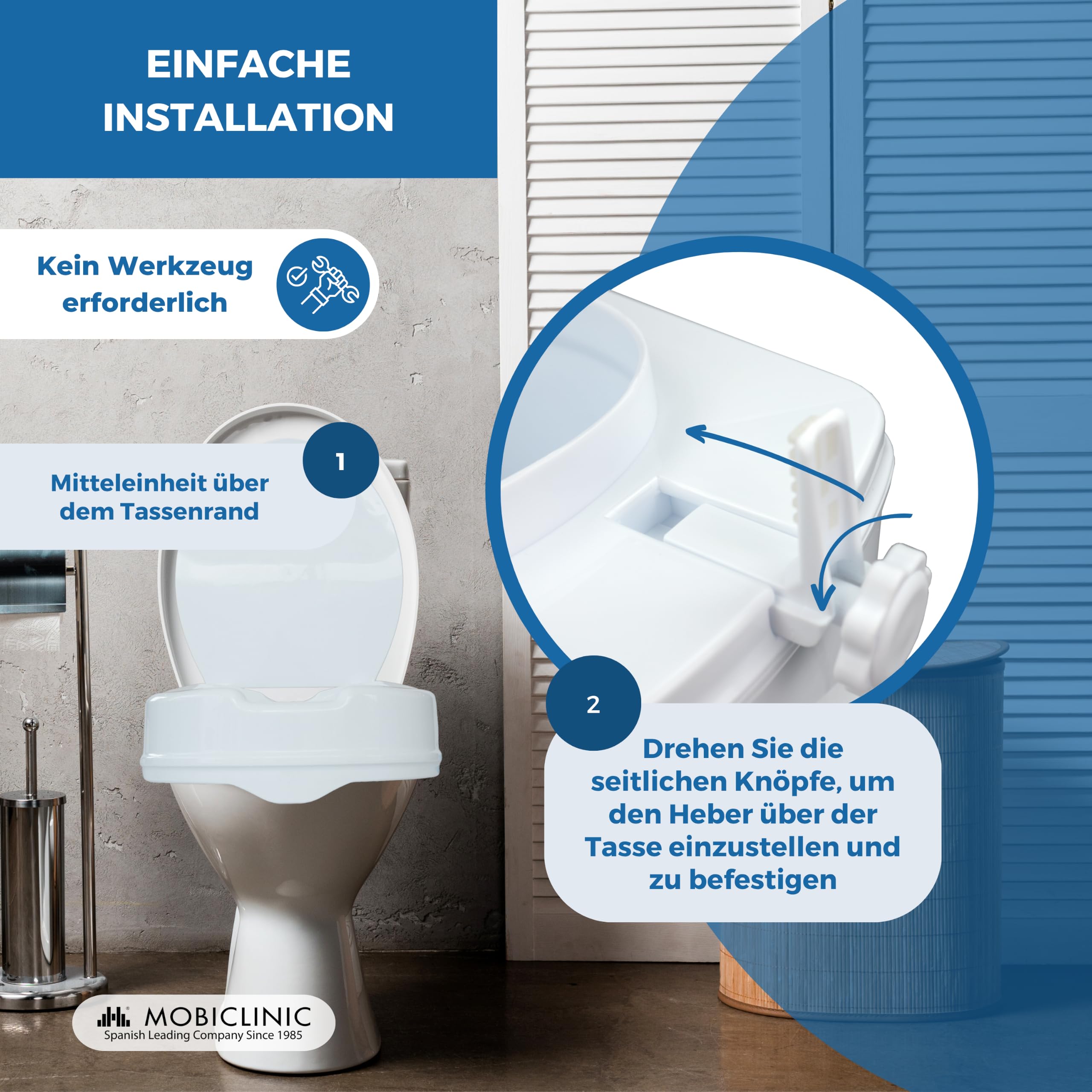 Mobiclinic®, Toilettensitzerhöhung mit Deckel, 14 cm Höhe, Höhenverstellbar, WC Sitzerhöhung für Senioren und Erwachsene, Ergonomischer Toilettenaufsatz, Rutschfest, Einfache Montage, Weiß, Titan