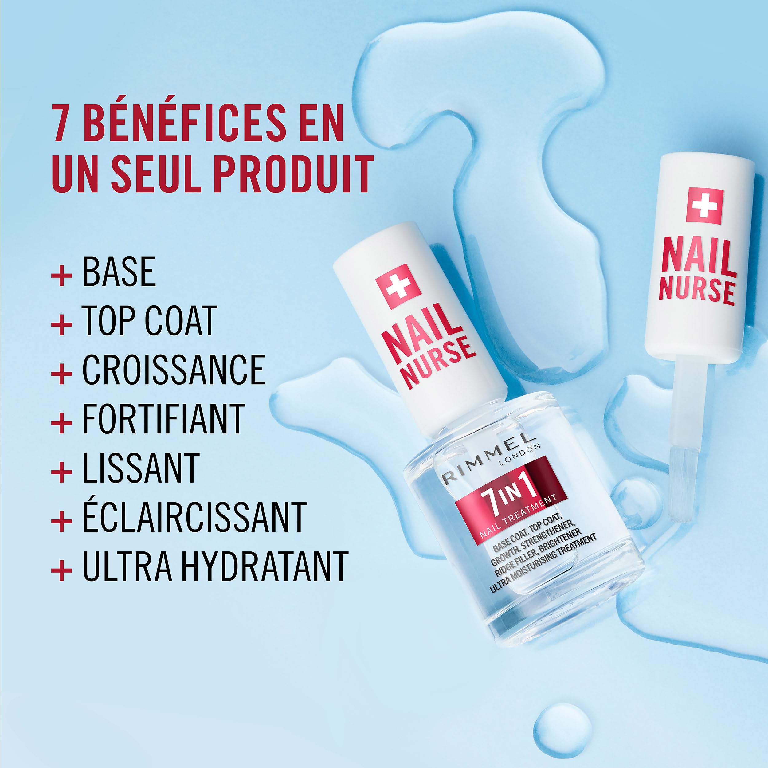 Rimmel London Soin des ongles - Base & Top Coat 7 en 1 polyvalents, sèche rapidement, fini lisse, protège les ongles, scelle la couleur, formule vegan 12 ml