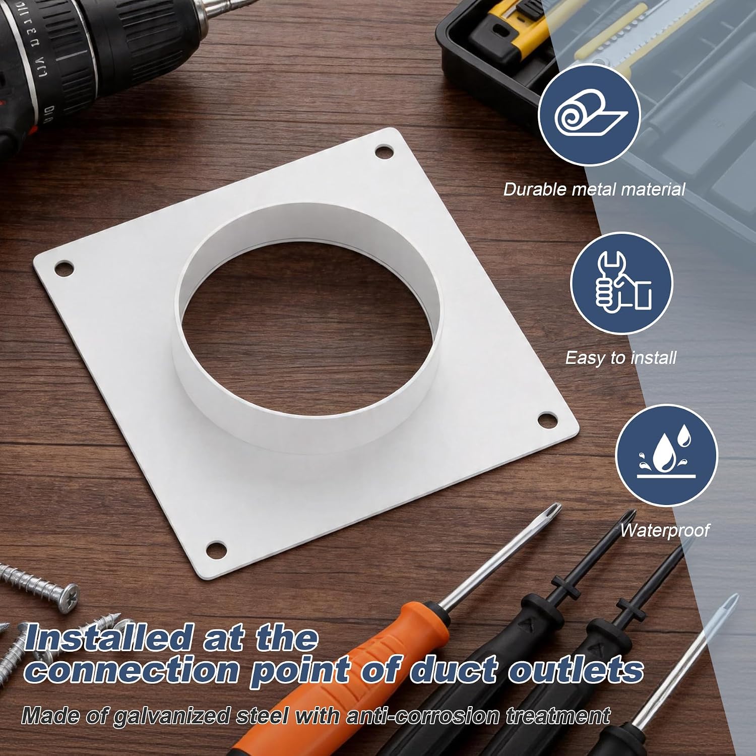 4 Inch Duct Connector Flange | Galvanized Steel HVAC Wall Plate,Rust-Resistant Ventilation Adapter with Pre-Drilled Holes for Dryer Vent, Bathroom/Kitchen Extractor Fans, Heating Cooling System