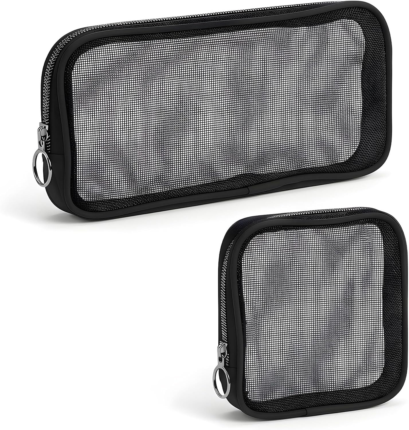 2 PCS Mesh Makeup Bag, Small & Medium Purse Organizer Pouches Portable Travel Toiletry Pouch Multipurpose Mesh Cosmetic Bag for Home Office Daily Travel Accessory, Black