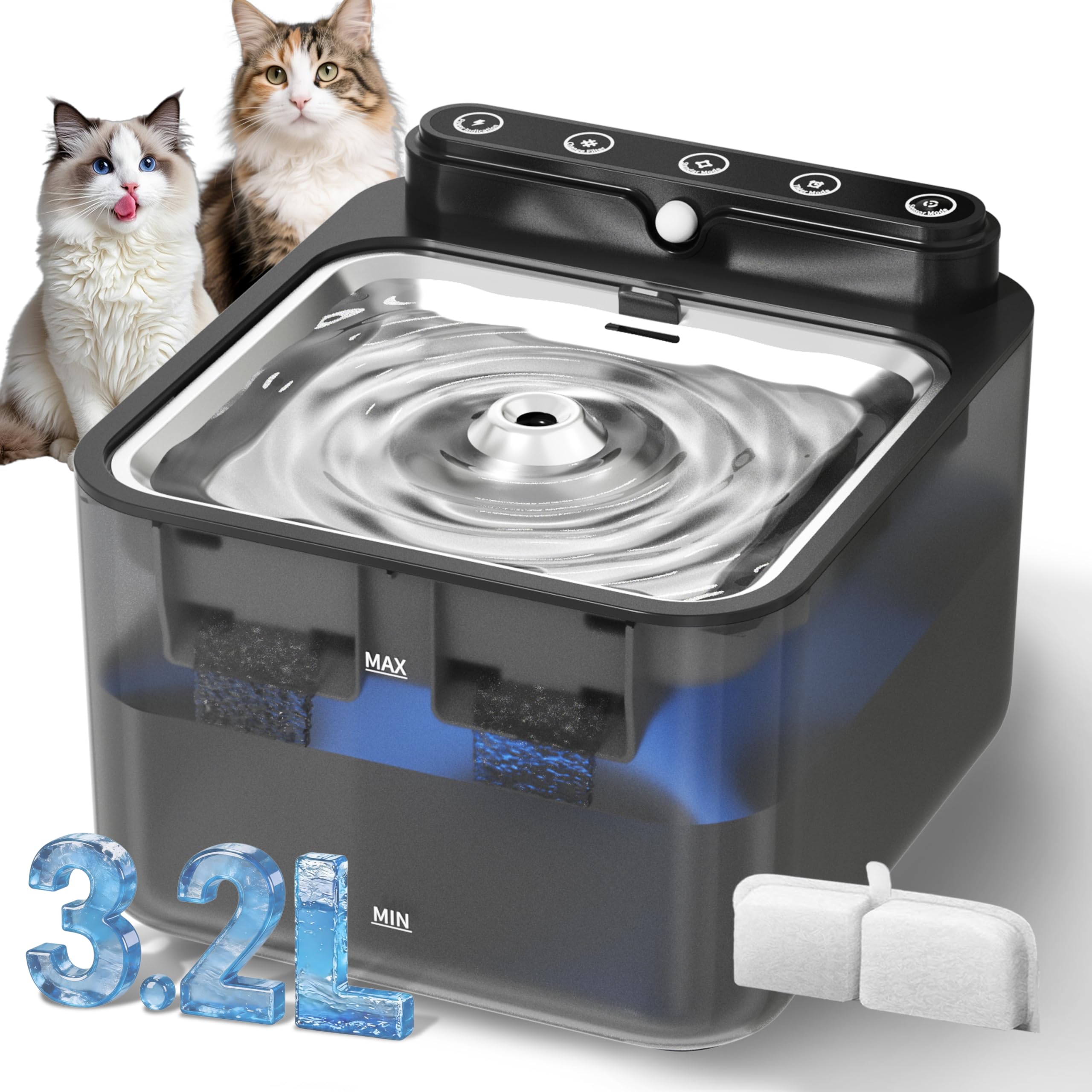 Wireless Cat Water Fountain for Drinking:Stainless Steel Cat Fountain - 3.2L/108oz Water Fountains for Cats Indoor-Battery Operated Cat Fountain Cordless,BPA-Free for Cat&Dog