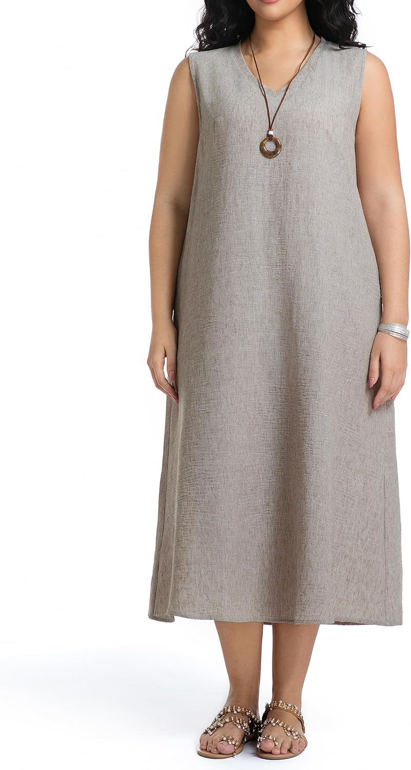 Womens Cotton Linen Plus Size Sundress with Pockets, Sleeveless Tank Dress Loose fit Maxi Dress