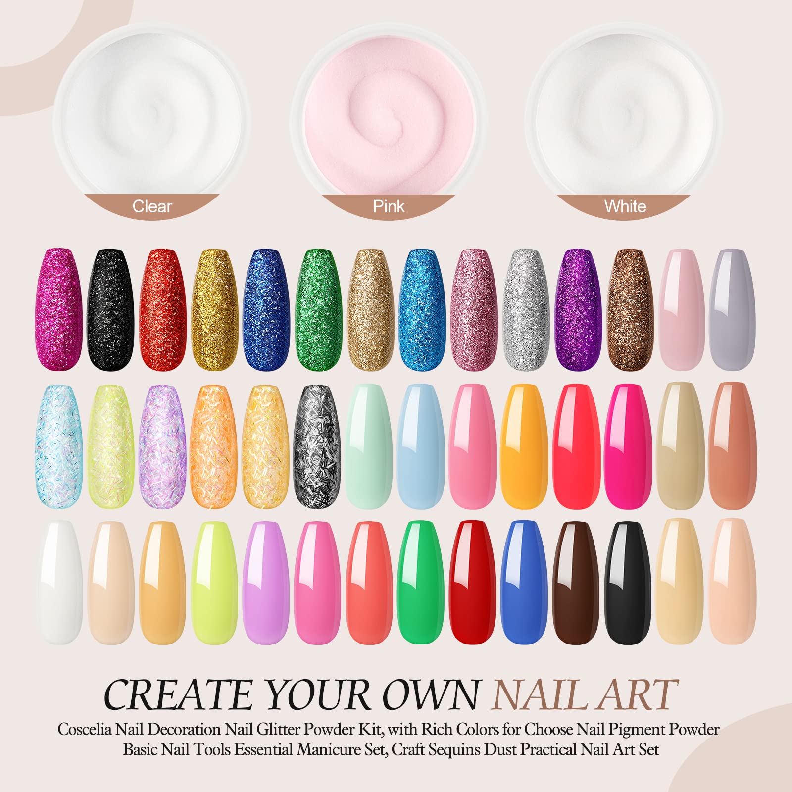 PEACECOLOR Poudre Acrylique Pour Ongles kit avec lampe à ongles 36W, 3Pcs Poudre Acrylique et Liquide acrylique, lime a ongle electrique, Convient Aux Débutants et Aux Professionnels