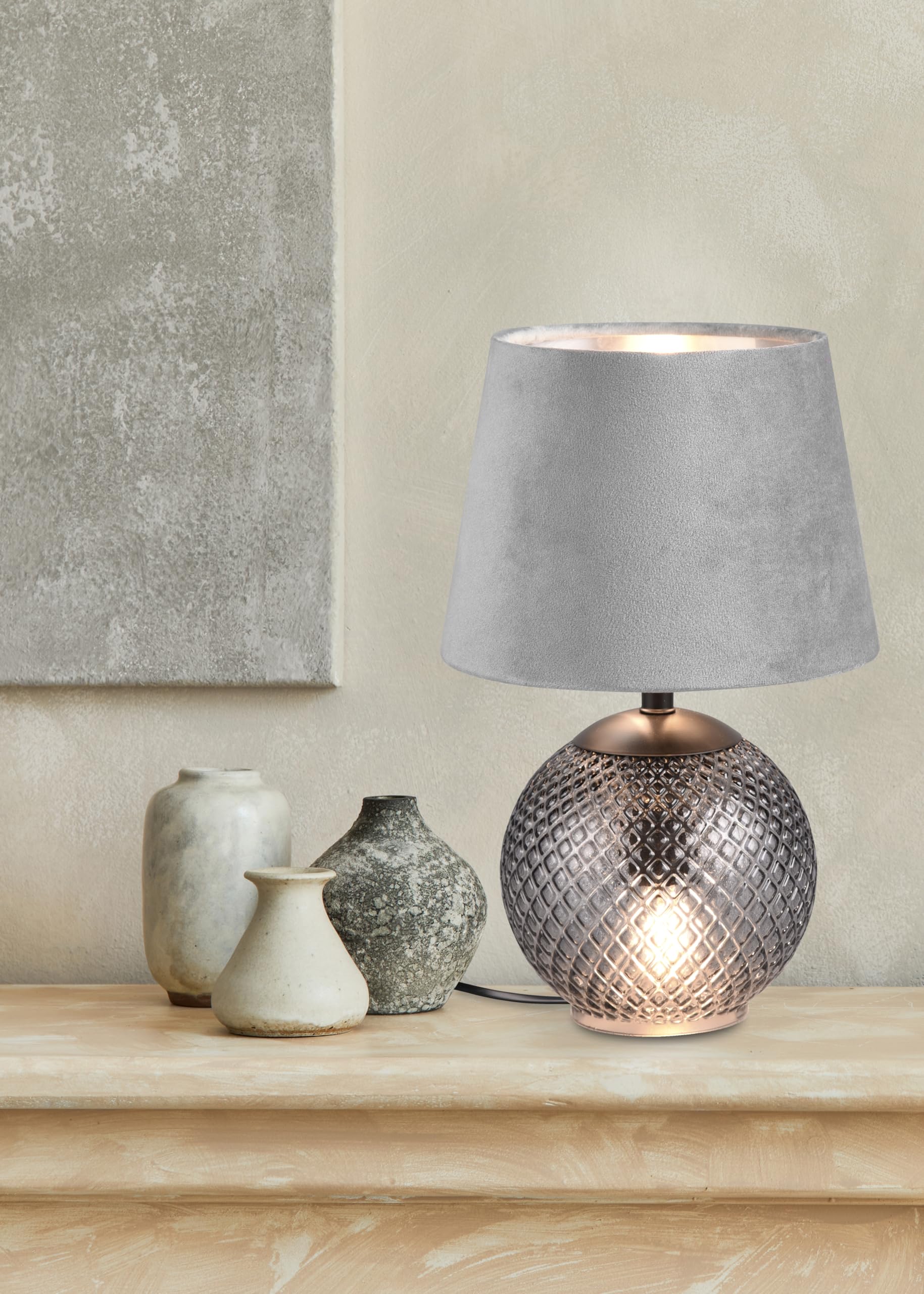 Reality Leuchten RL Lámpara de mesa Jonna R51242054, base de cristal ahumado, pantalla gris terciopelo/plateado, incl. 2x E14