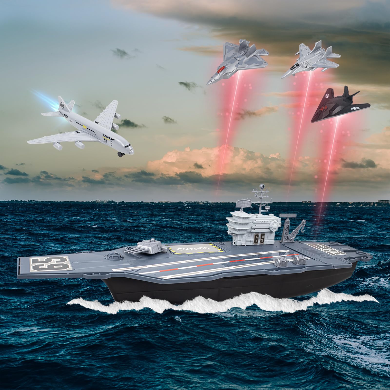 RedCrab Juego de Maqueta Portaaviones - Acorazado Militar Juguete Kit con Coche Militar, Avión Militar, Helicóptero y Tanque Juguete, Soldado Juguetes, Regalo para Niños y Niñas 3 Años+
