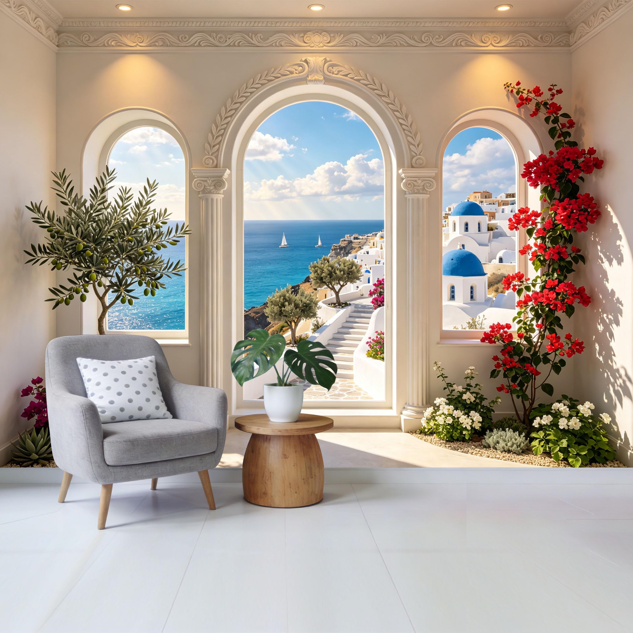 Removable Self Adhesive Fabric Mural， Mediterranean Seaside Coastal Archway Custom Size Wall Covering， UV Protected Waterproof Washable Wall Decor for Living Room Bedroom Bathroom