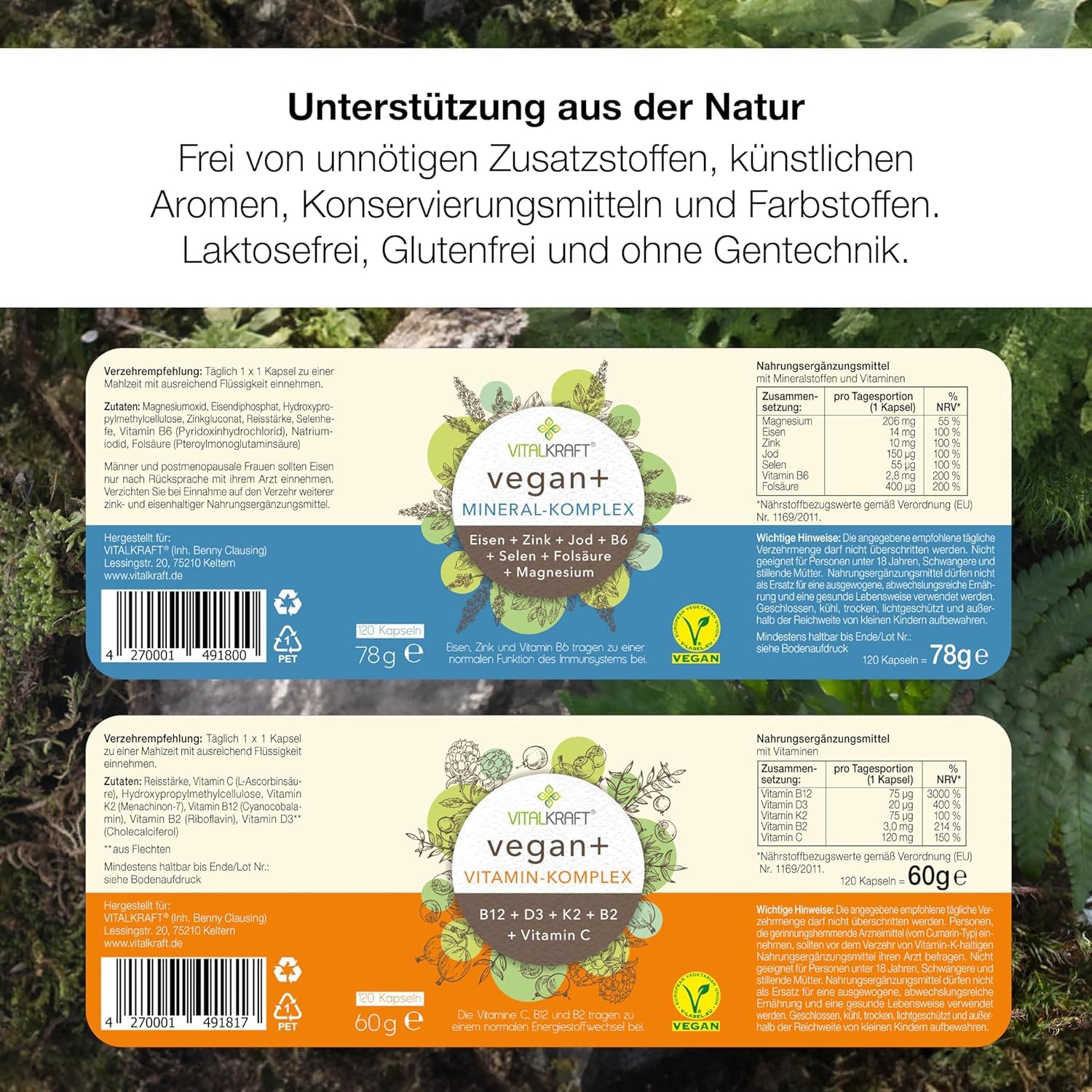 Vegan+ Set Vitamin & Mineral-Komplex, hochdosierte Kapseln mit den Vitaminen B12 + D3 + K2 + B2 + Vitamin C mit Magnesium, Eisen, Zink, Jod, Selen, B6 und Folsäure