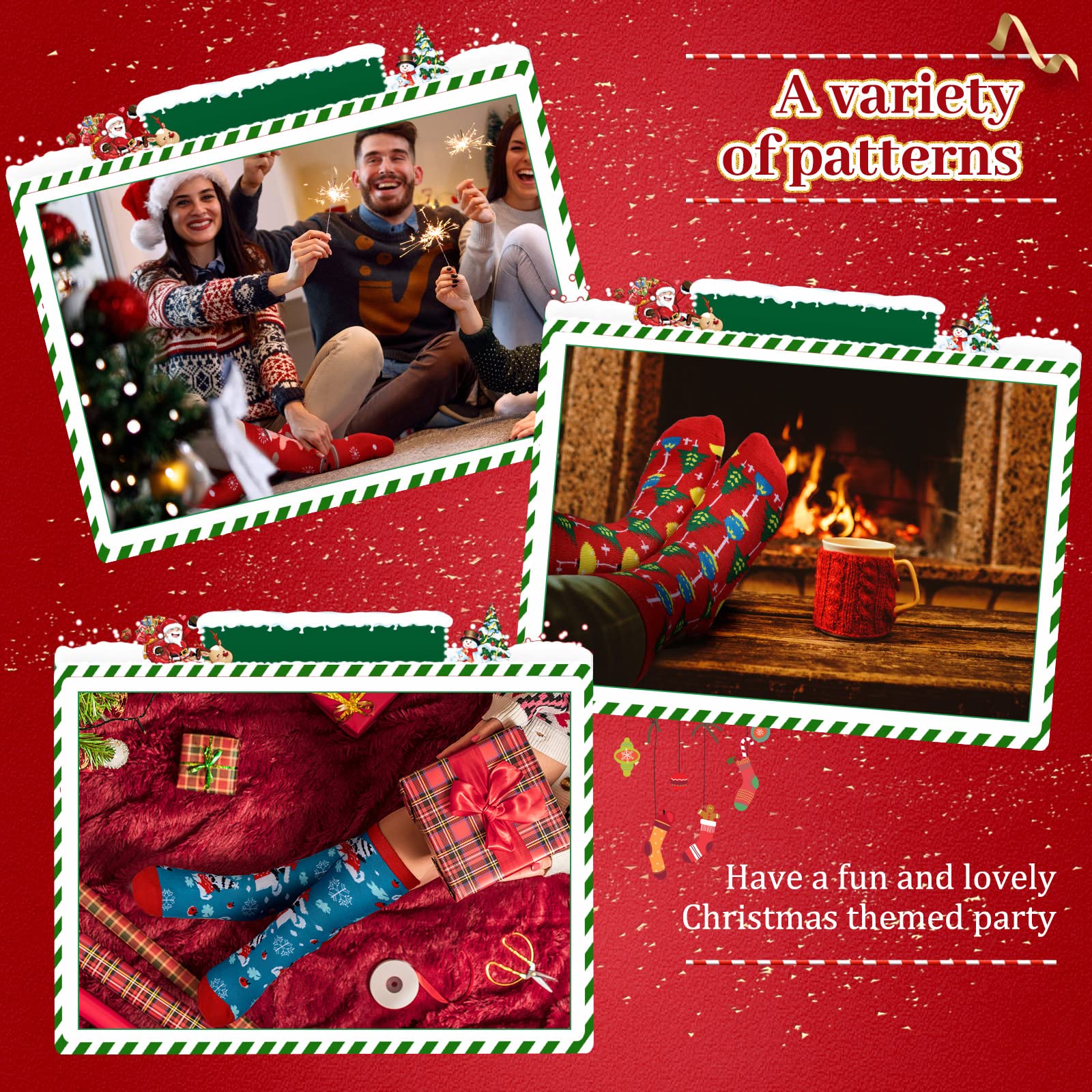 Handepo 24 Paar warme weiche Weihnachtssocken Xmas Crew Urlaub Socken Bunte Festliche Socken für Jugendliche Frauen Neuheit