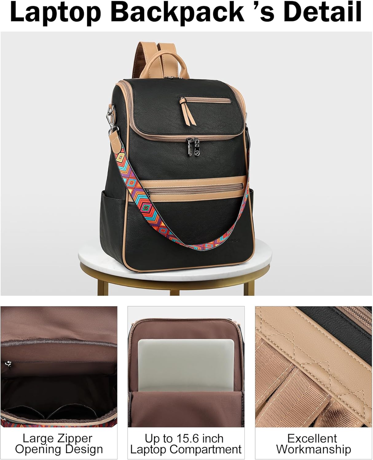 FADEON Laptop Backpack for Women Leather Travel Backpack with Laptop Compartment, Designer PU Shoulder Laptop Bag Black Brown - Image 5