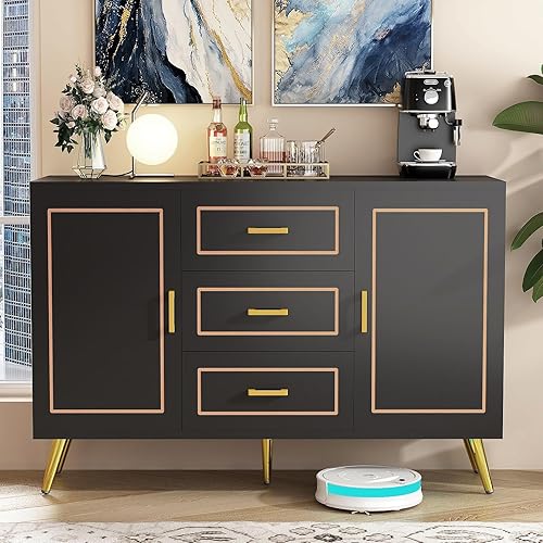 chartustriable Aparador de buffet moderno 2024 con 3 cajones grandes de almacenamiento y estantes ajustables, pies de metal, puertas doradas. Cómoda