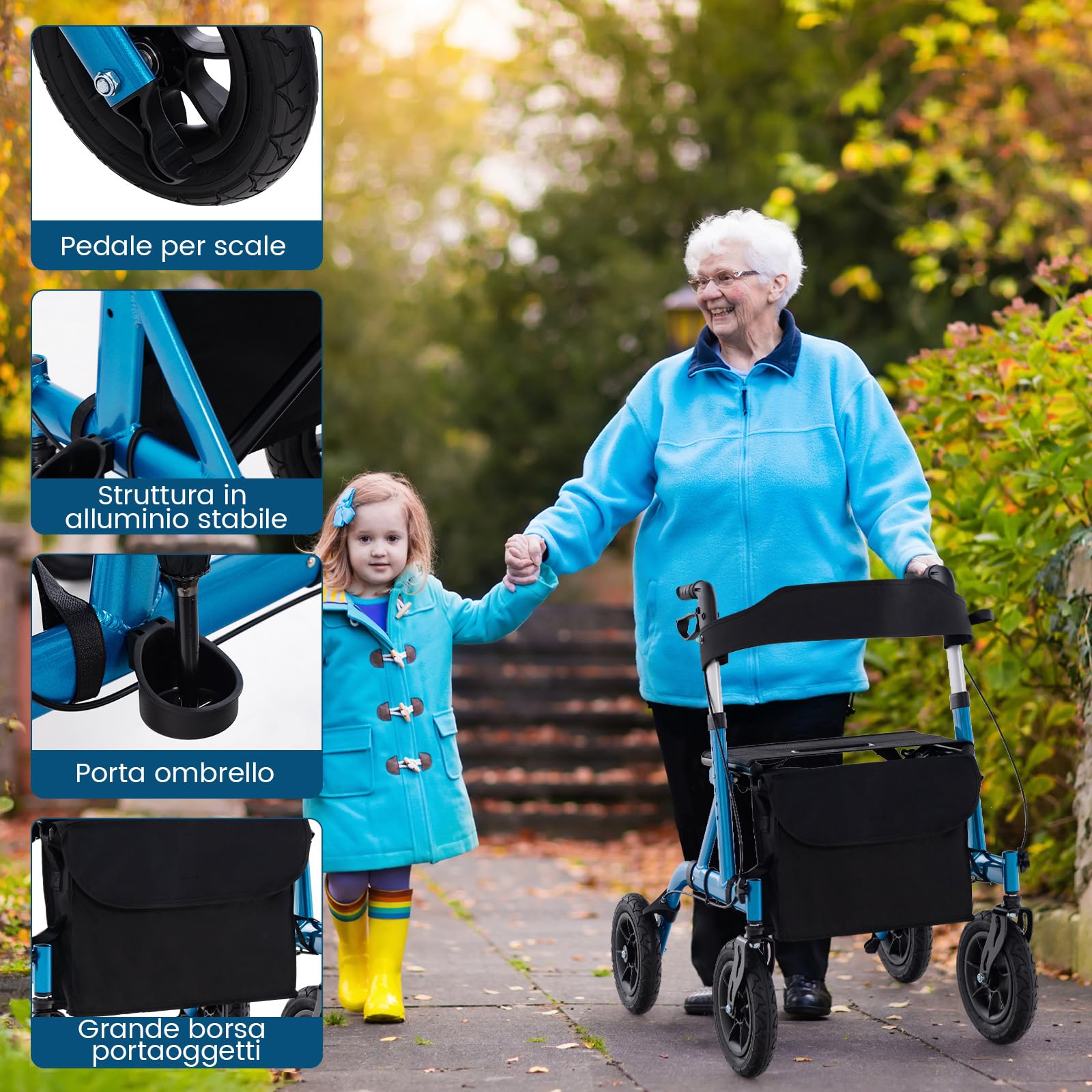 COSTWAY Deambulatore con Seduta 2 in 1, Rollator Pieghevole per Anziani con 4 Ruote, Maniglie Regolabili in Altezza 81-94cm, Portaombrelloni e Borsa Portaoggetti, Carico Massimo 160 kg (Blu)