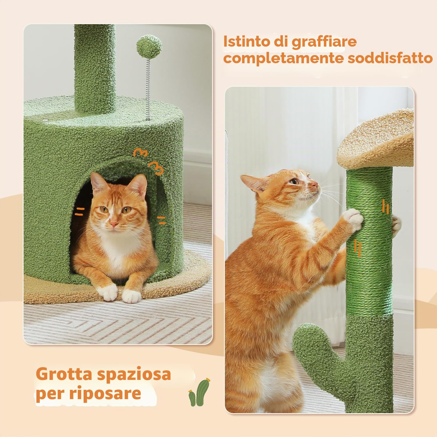 PETEPELA Tiragraffi da 78 cm, moderno cactus, per gatti di piccole dimensioni, dimensioni medie, con grotta di peluche, sfera in sisal