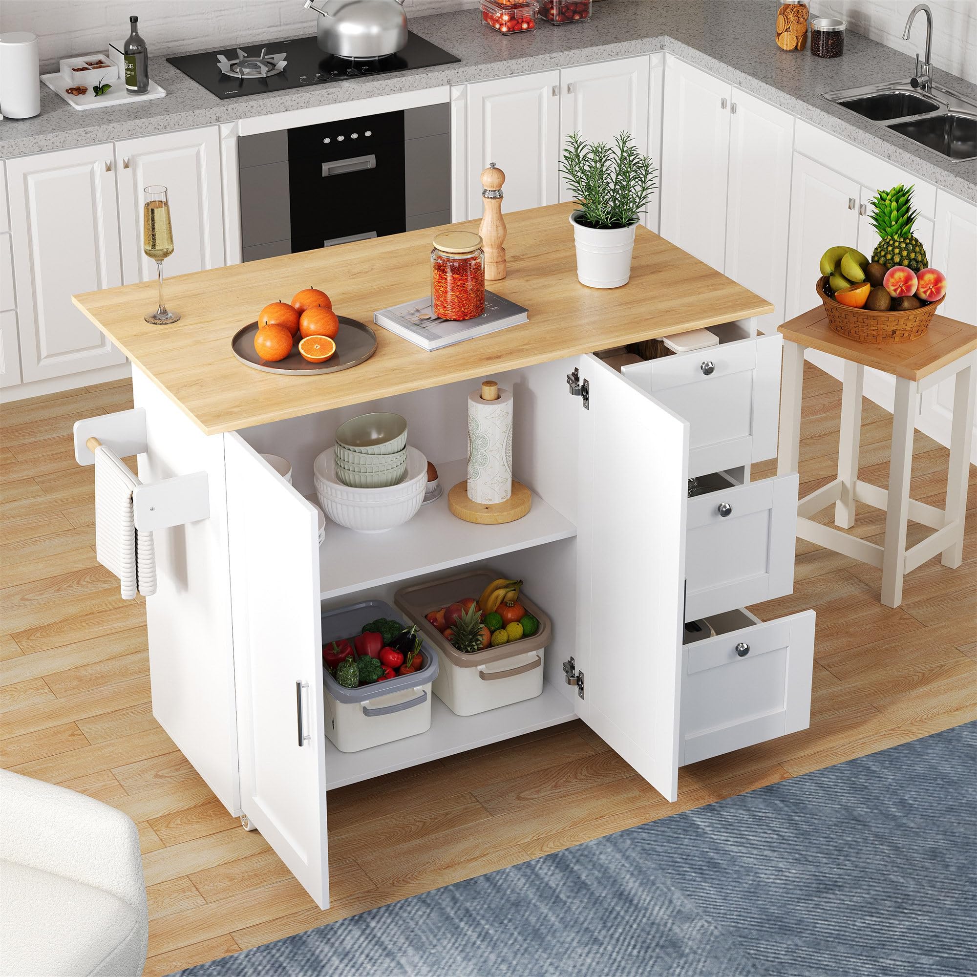 Isla Cocina con Ruedas, Carrito Cocina, Península de Cocina Grande, Encimera de Roble, Diseño Plegable, 3 Cajones, Toallero, Mueble de Cocina para Comedor, Hogar, Barra Cocina, L135*W44(70)*H90cm