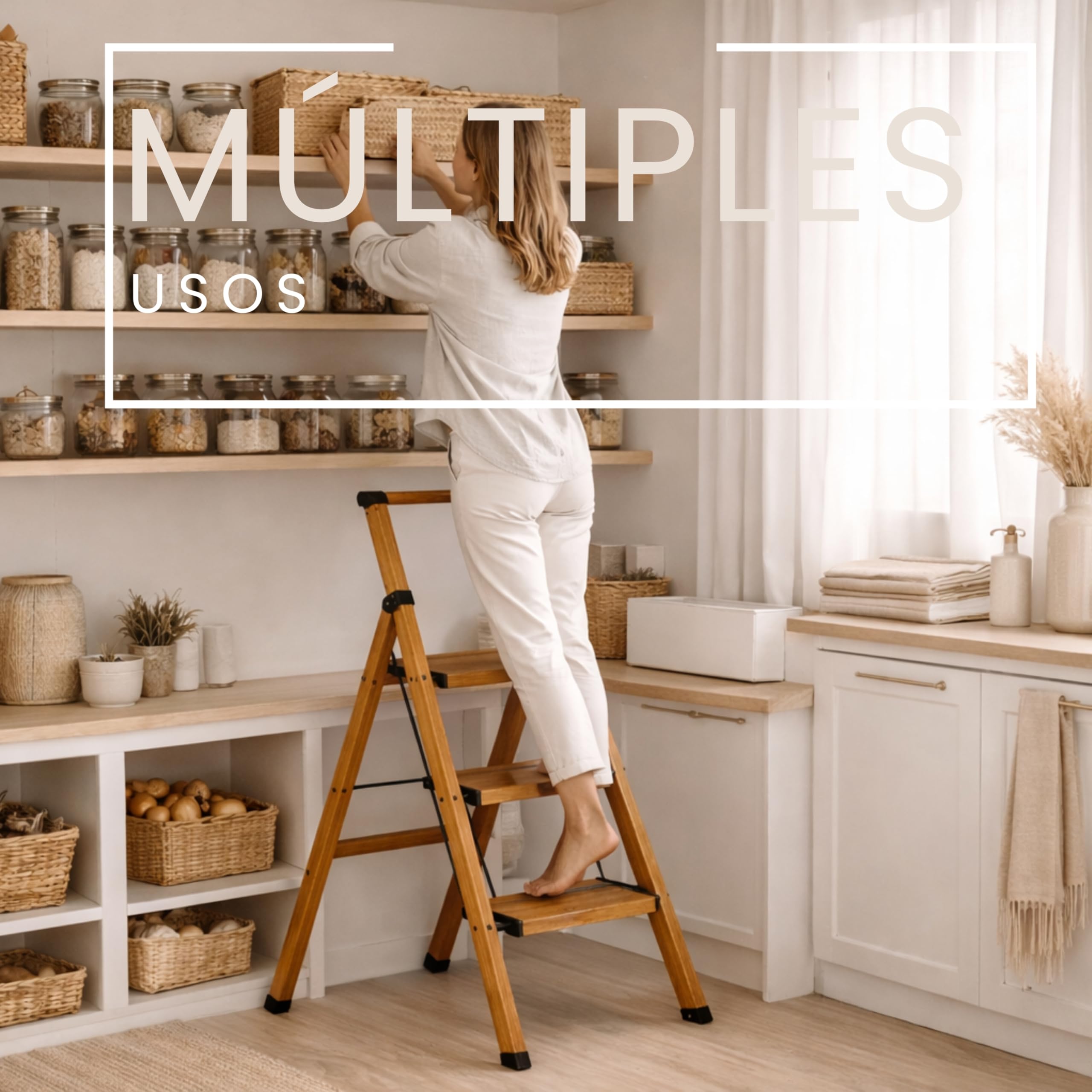 Escalera Plegable de Aluminio Efecto Madera para hogar y Cocina, 3 peldaños, peldaños Anchos Antideslizantes, EN 131 - 5