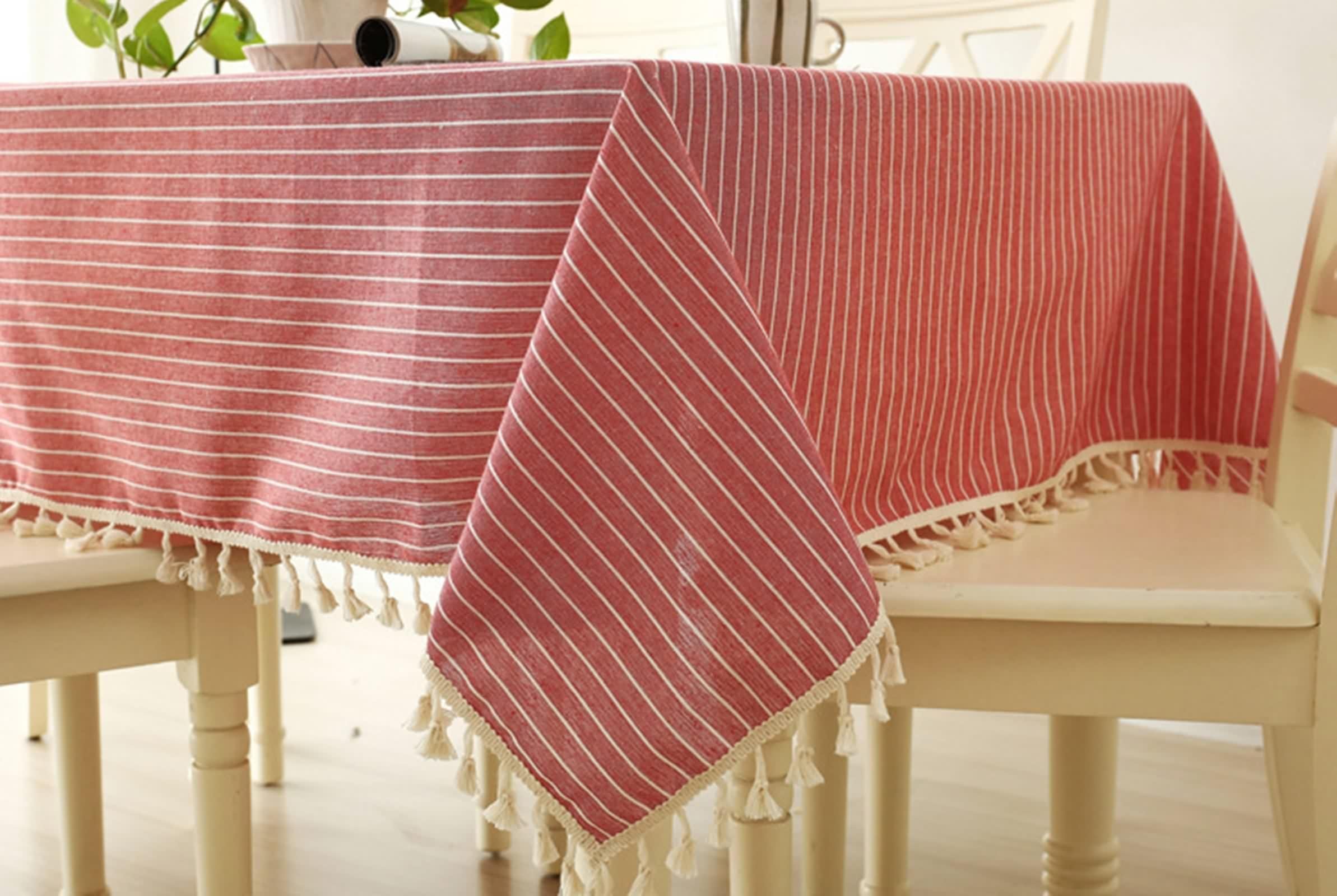 Copritavolo Rettangolare Mollettone, Tovaglia Rossa Moderna Cotone Lino Banda Decorativa 140X180CM per Soggiorno Cucina