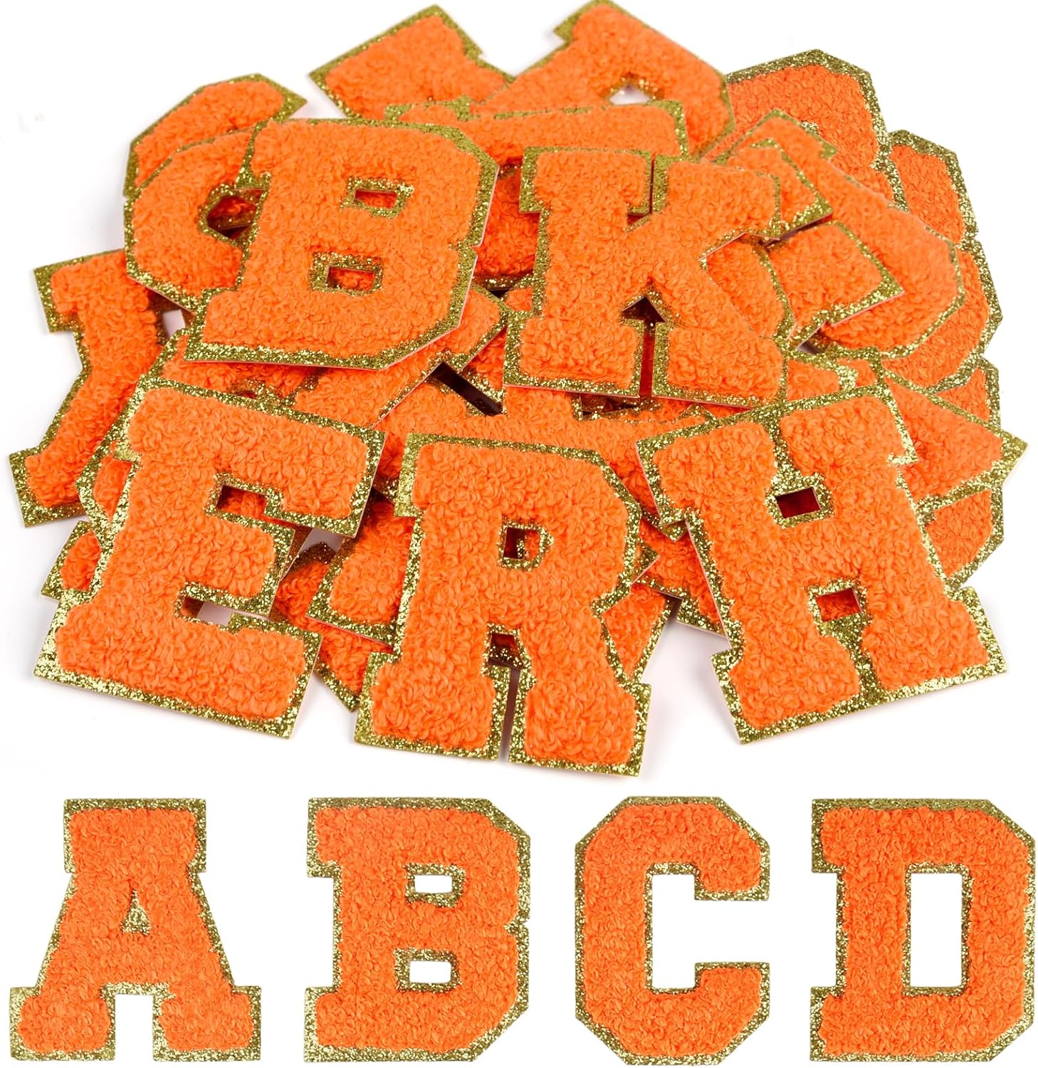 CHRORINE 26/52/104 Pcs Self Adhesive Chenille Letter Patches A-Z, Also Supports Sew or Iron on, Embroidered Alphabet Patches Stickers for DIY Clothing, Bags, Hats (26, Orange, Height 2.16″)