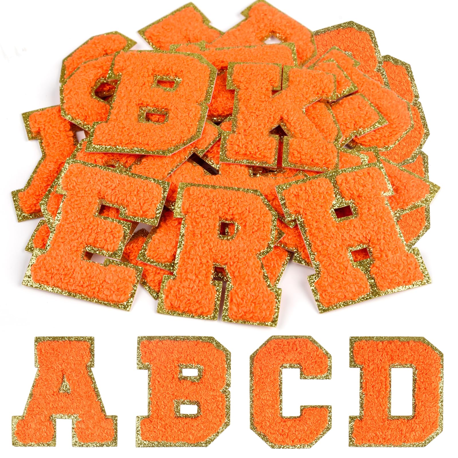 CHRORINE 26/52/104 Pcs Self Adhesive Chenille Letter Patches A-Z, Also Supports Sew or Iron on, Embroidered Alphabet Patches Stickers for DIY Clothing, Bags, Hats (26, Orange, Height 2.16″)