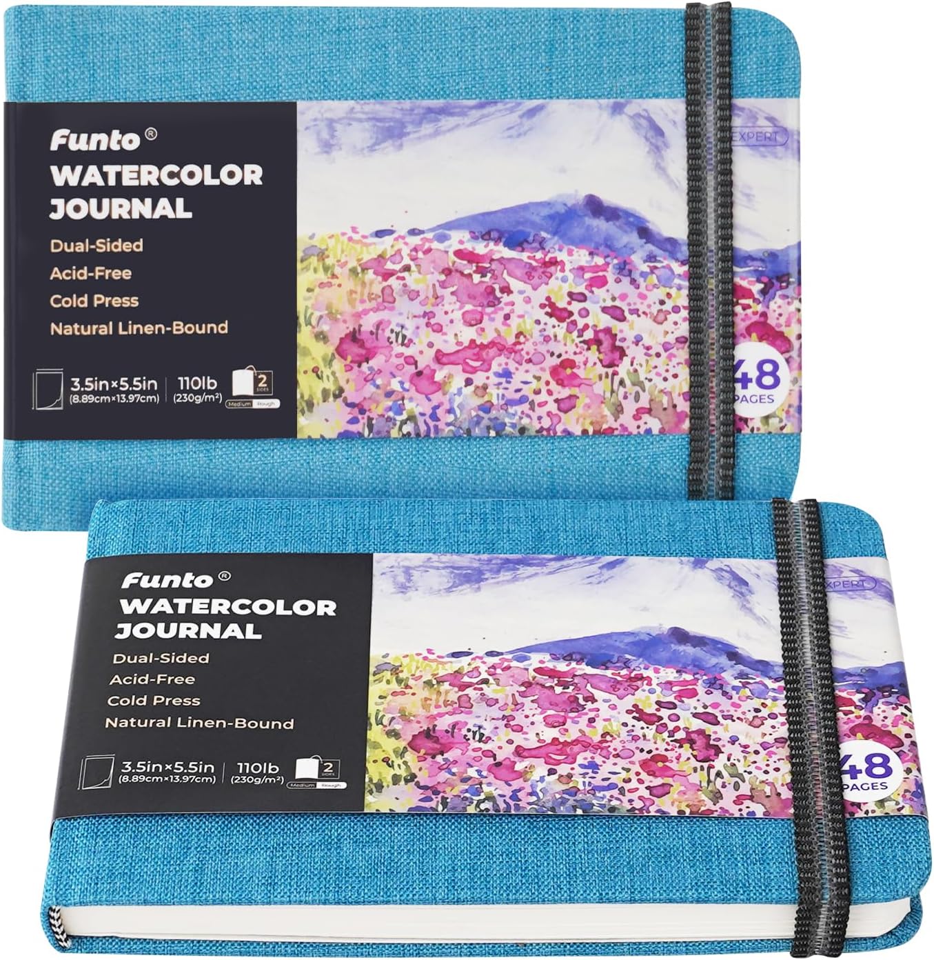 Funto Classic Hardcover Watercolor Journal, 8.5x5.5(2-Pack)-140lb Cold Press Paper, Lay-Flat Binding,Inner Pocket, for Adults & Artists
