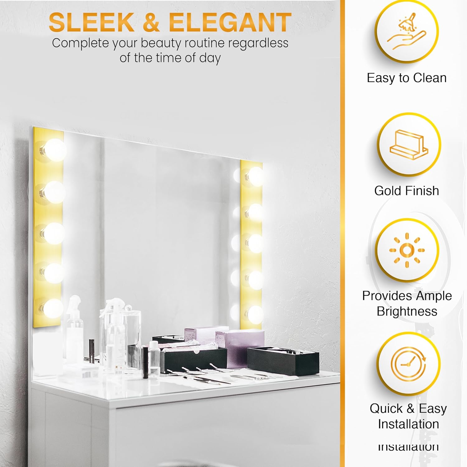 DYSMIO Lighting Five Light Vanity Strip - Hollywood Style Mirror Fixture with Gold Plates – Salon-Grade Accessories for Bedroom, Bathroom, Dressing Room, Makeup Studio - 30 x 4.25 Inches