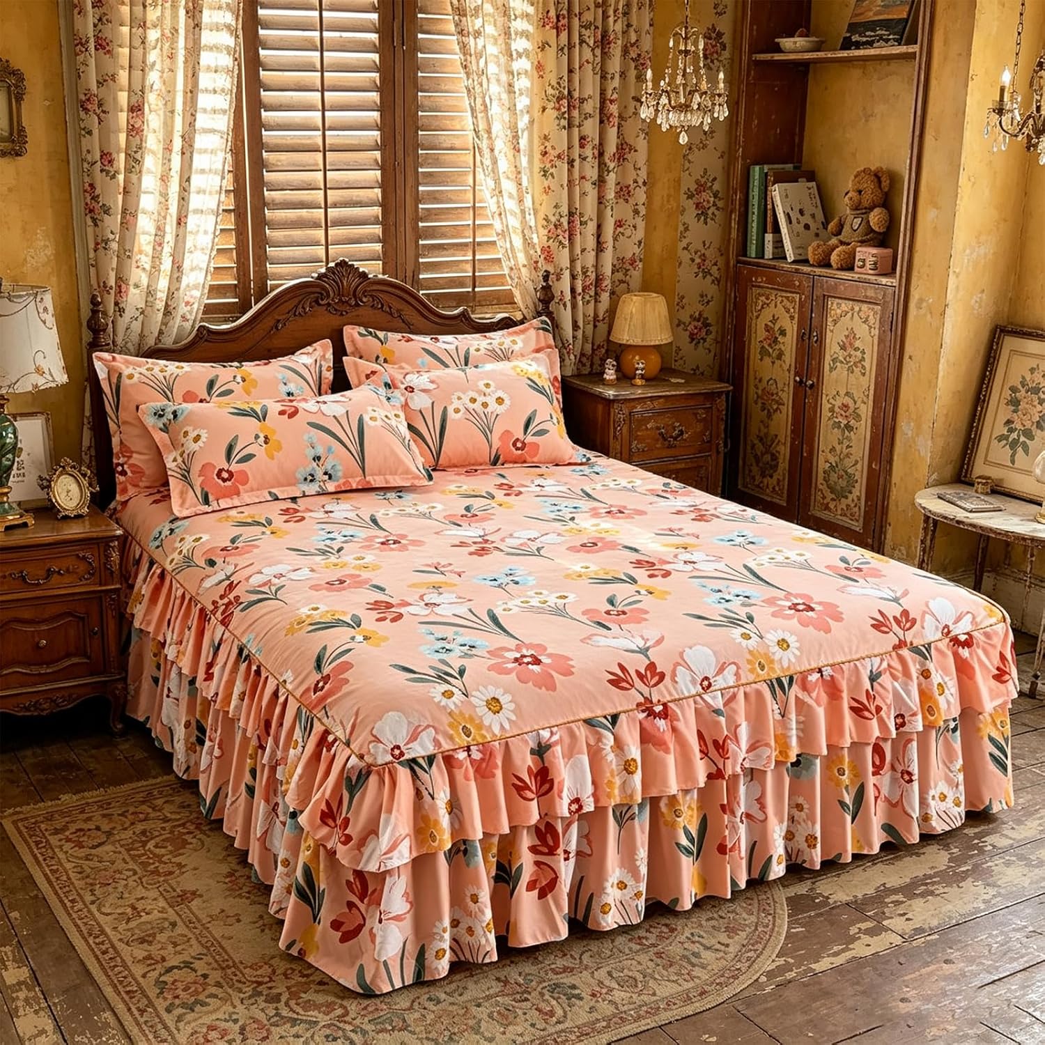 3-Piece Ruffled Bed Skirt Set -Floral Print Bedspread Sheet Set with 1 Bed Skirt and 2 Pillowcases,Soft Microfiber Easy Fit Dust Ruffle Bedding for Queen Full Bedroom Decor (D,Full 47*80in/120*200cm)