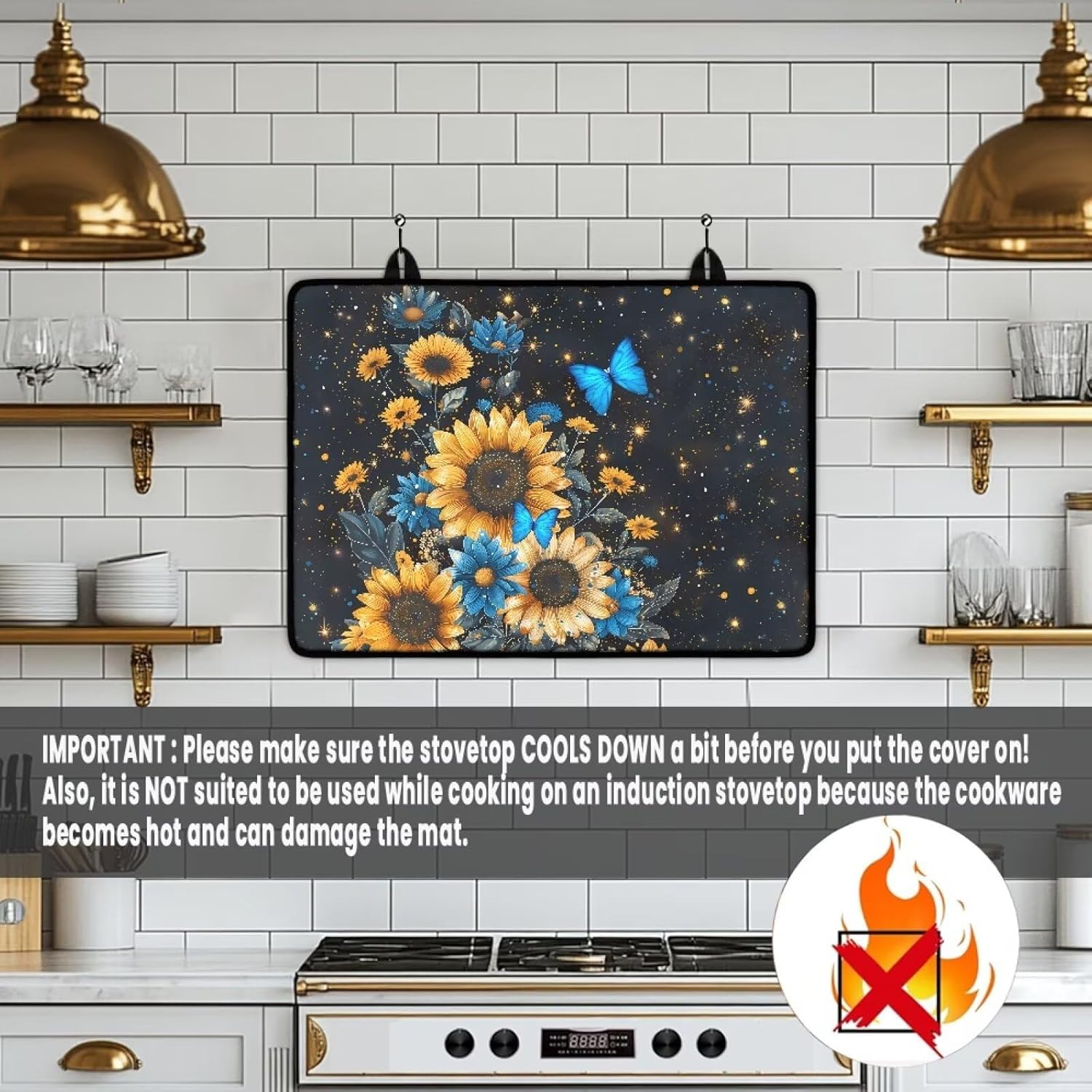 Sunflower Butterfly Glass Cooktop Protector Large Kitchen Stove Top Cover Protector Stove Top Covers, Kitchen Decor Accessories, Non-slip Prevent Scratching Splashes Thick Rubber