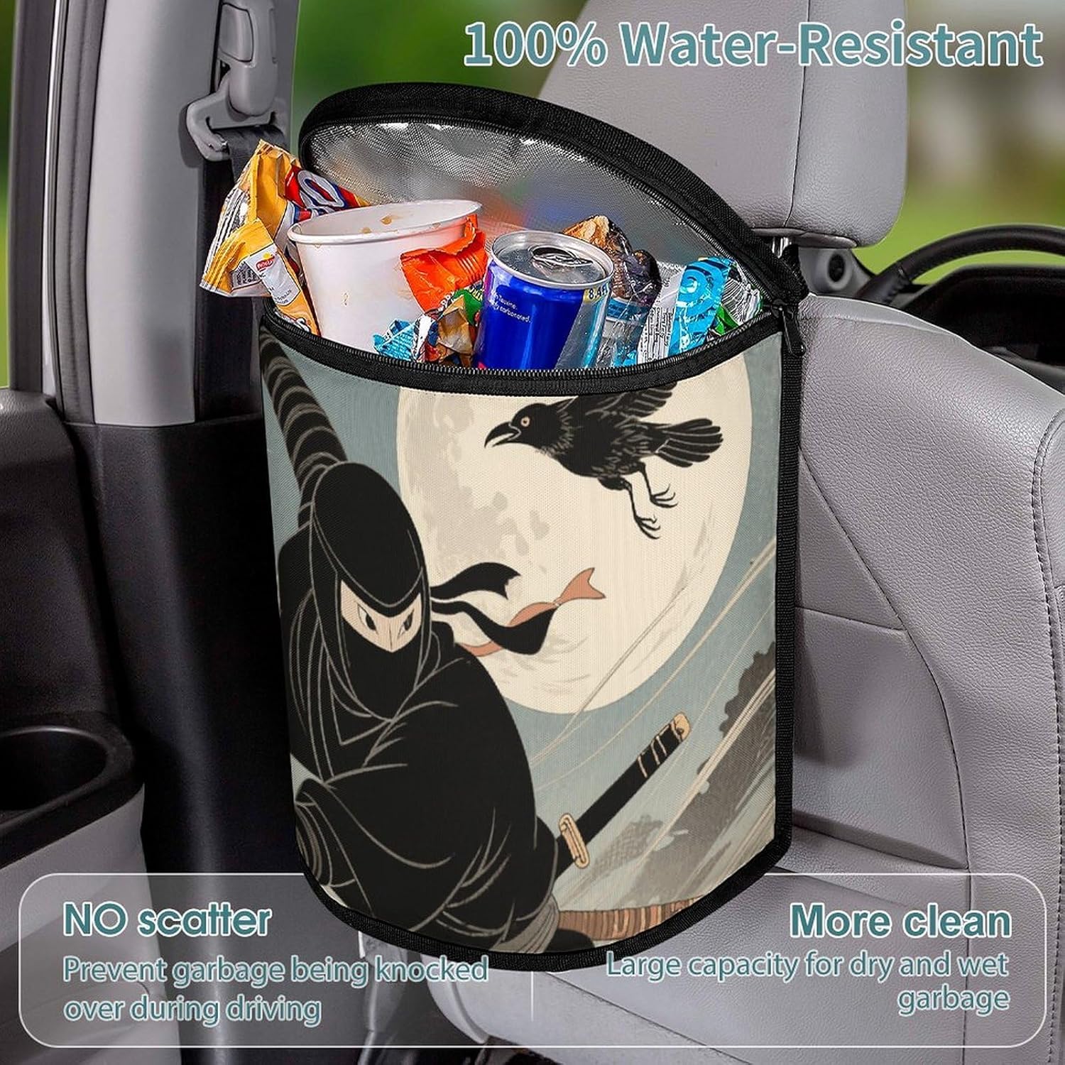 MUSM Leakproof Car Trash Can 2.5 Gallon, Durable Automotive Garbage Bag with Waterproof Liner, Shuriken Throw Trash Bag for Car, Truck, RV & Bathroom