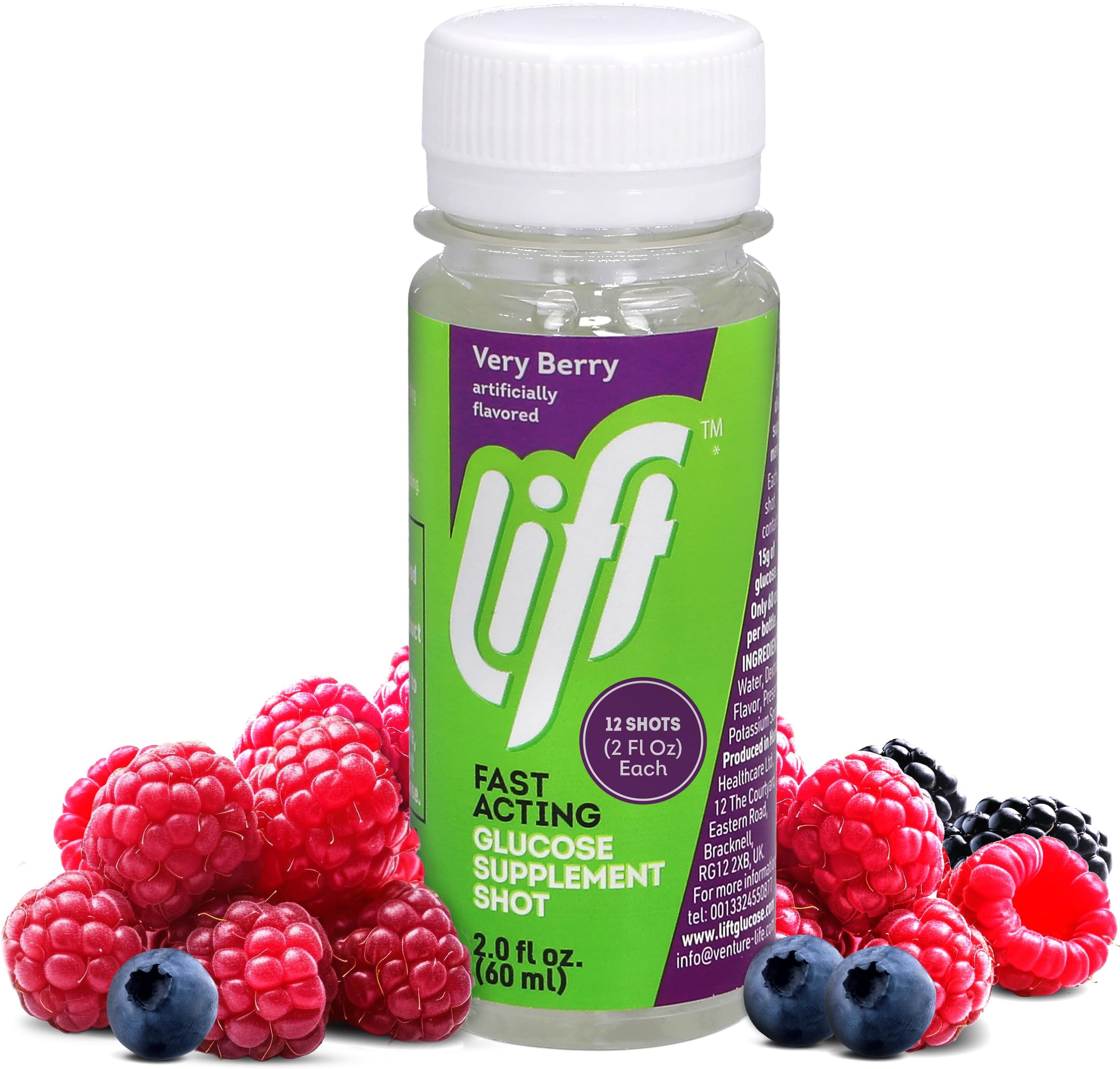 Lift Glucose Fast-Acting Glucose Energy Juice Shots, Very Berry, Caffeine-free, 2.0 fl oz Bottles (Pack of 12)