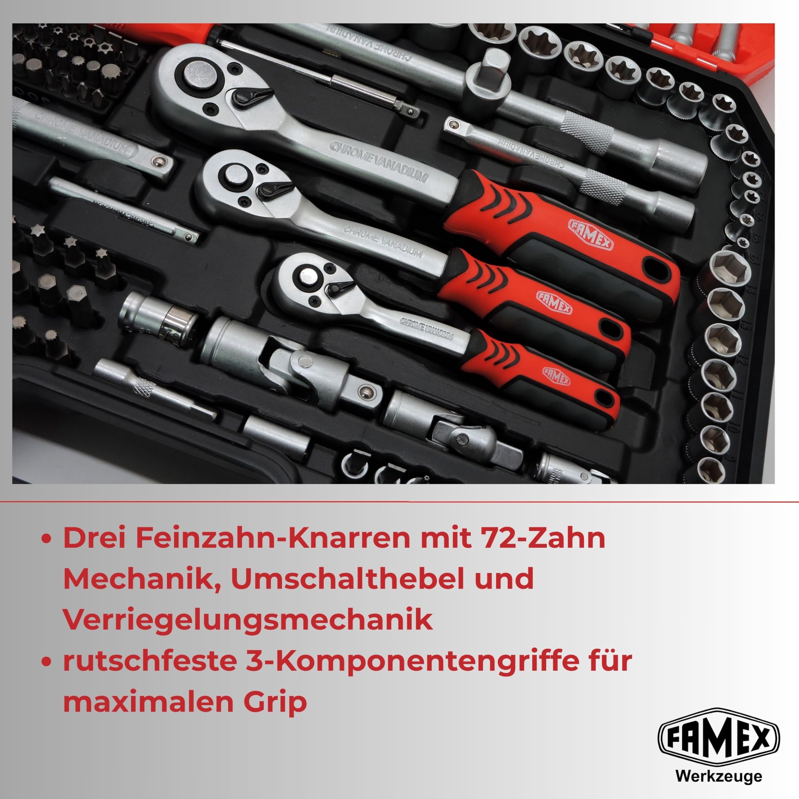 FAMEX 555-50 Steckschlüsselsatz 219-tlg. - 1/4 Zoll, 3/8 Zoll, 1/2 Zoll - alle Werkzeuge CV-Stahl - Werkzeug Set mit 3 Feinzahnknarren - Ratschenkasten, Ring-Maulschlüssel DIN 3113, Stecknüsse, Bits
