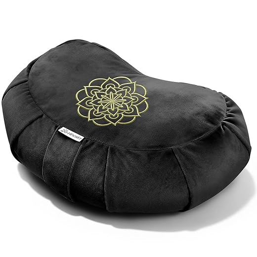 Hihealer Premium Meditation Cushion - Comfortable Floor Pillow for Adult Traditional Crescent Meditation Pillow Yoga Buckwheat Bolster (Black)