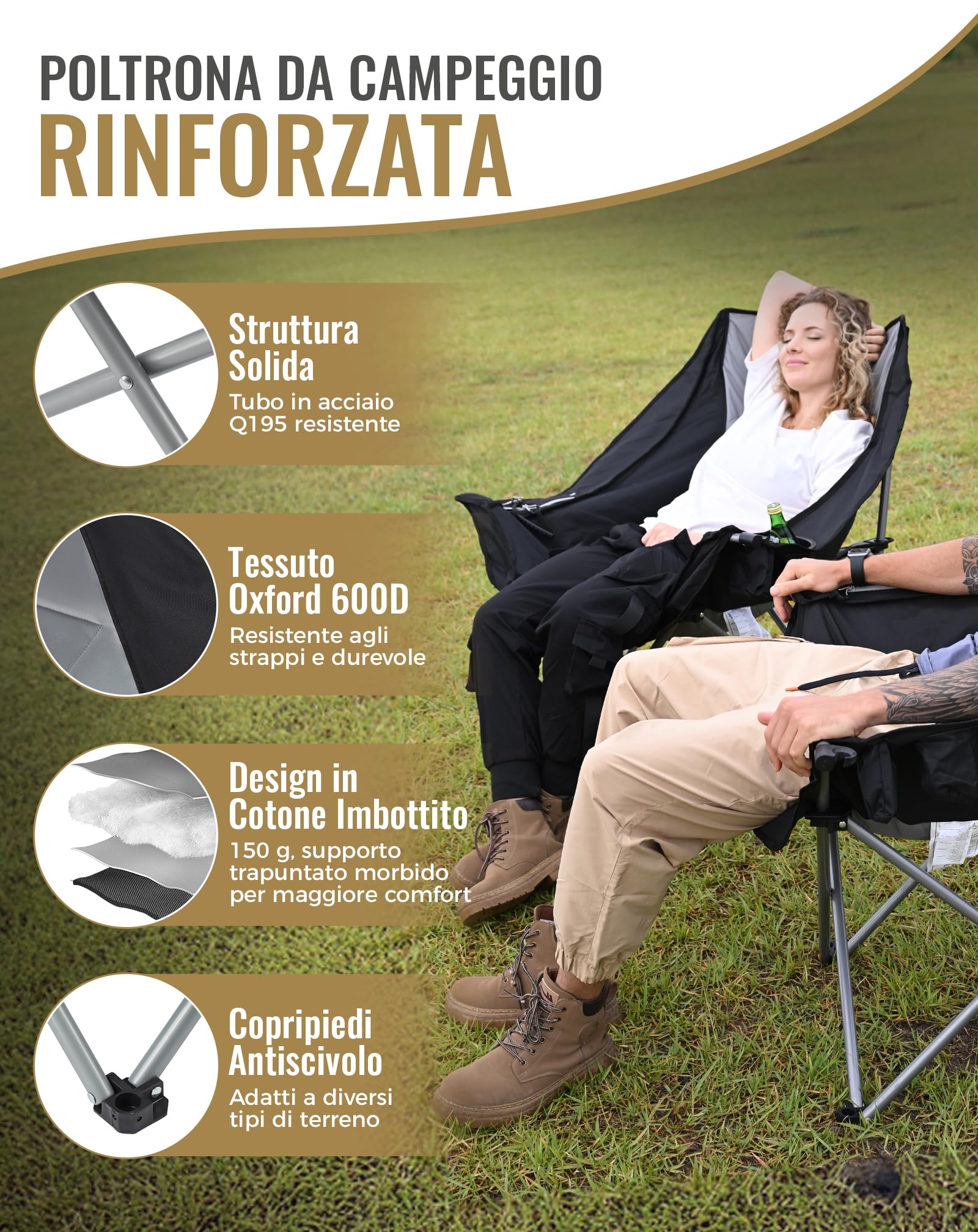 KingCamp Sedia da Campeggio Pieghevole per 2 Persone, Carico Max 300 kg, Imbottito Portatile Poltrona Sedie a 1 2 e 3 Posti da Campeggio per Adulto, Durevole Sedia Divano per Giardino Picnic Balcone