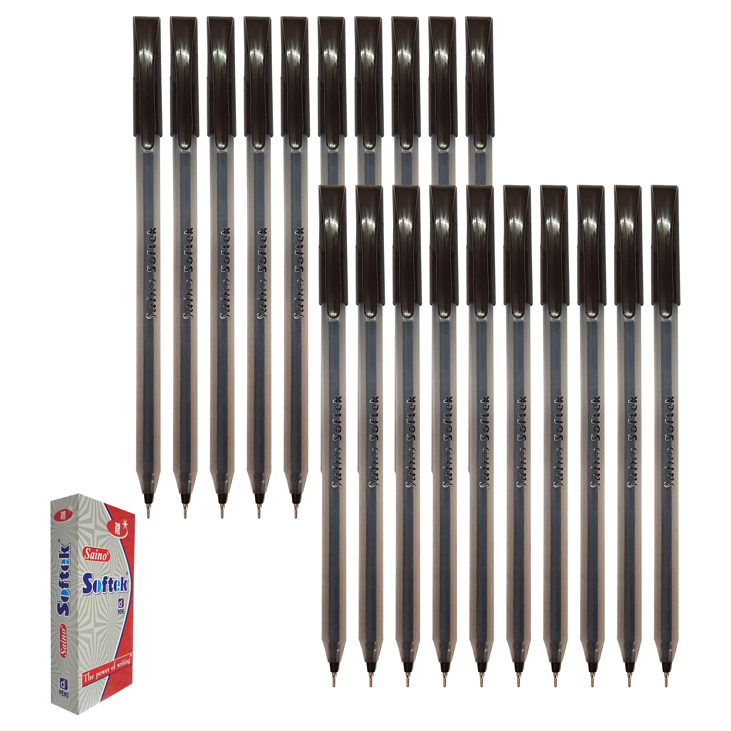 SAINO Softy Ballpoint Pens, BLACK, Fine Point (0.7mm), Pack of 20, Fine Writing Smooth Ball Pens, Perfect for School Office Home Business Shop Everyday Use โ image 1