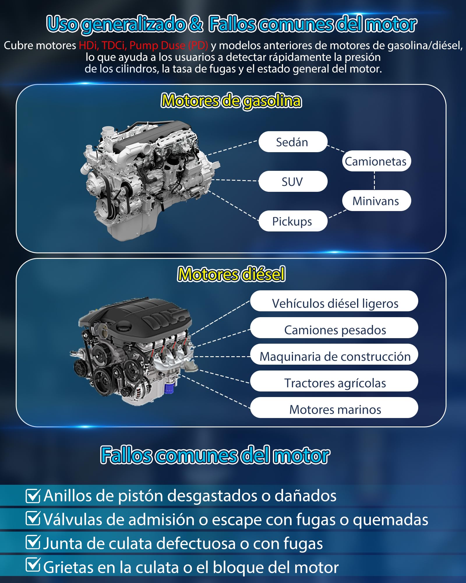 46 Piezas Kit de Comprobador de Compresión Automotriz con Indicador de Doble Dial Comprobador Compresión para Gasolina y Diésel Comprobador de Fugas de Cilindros para HDi, TDCi y Bomba (PD)