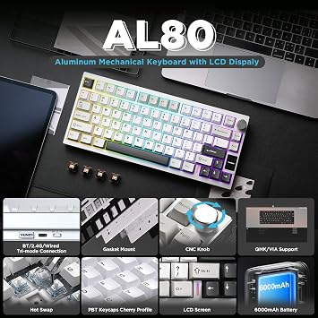 YUNZII AL80 Mechanical Keyboard, Wireless Gaming Keyboard, 75% Layout, Bluetooth/2.4G/Wired, 3 Modes, Full Aluminum CNC LCD Screen, Hot Swap Compatible, Gasket Mount, Knob Included, QMK/VIA for Win