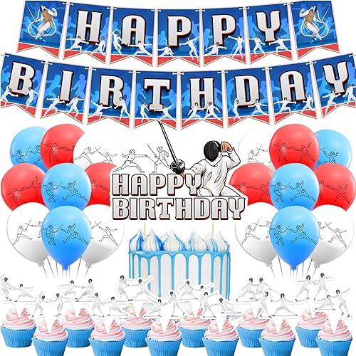 Decoraciones de fiesta de esgrima, suministros para fiesta de cumpleaños, incluye pancarta de feliz cumpleaños, decoración de pastel, decoración de