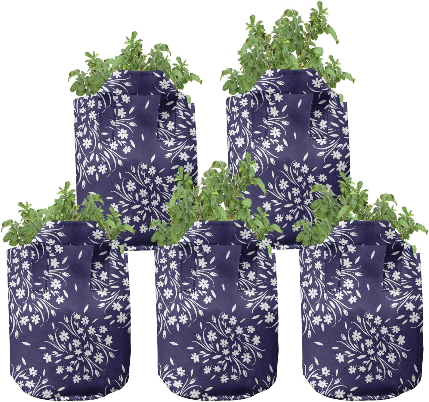 Ambesonne Navy and White Grow Bags 5-Pack, Floral Scroll, Heavyduty Fabric Pots with Handles for Plants, 7 Gallon, Indigo White