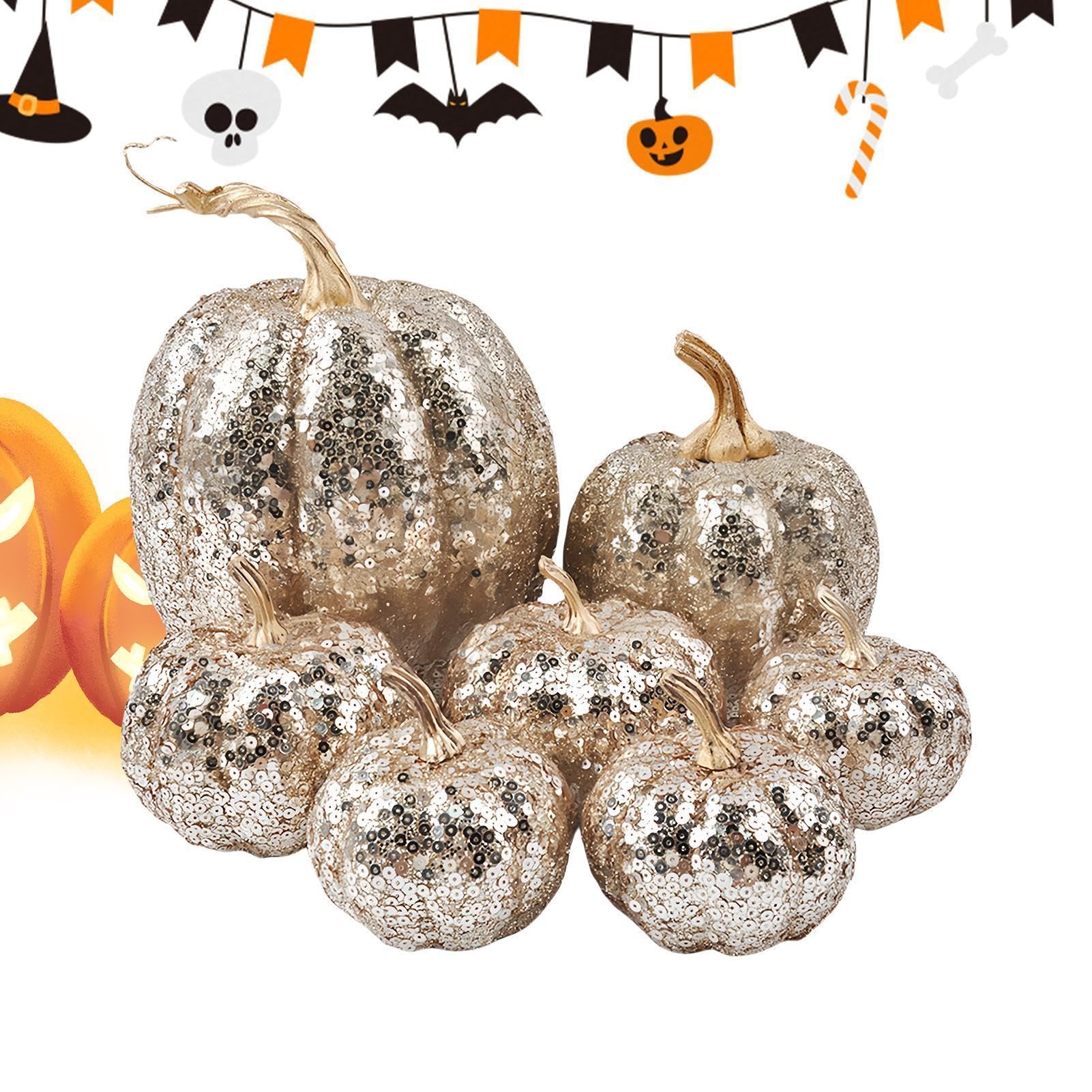Calabazas artificiales de 7 unidades con purpurina para decoración de otoño en casa