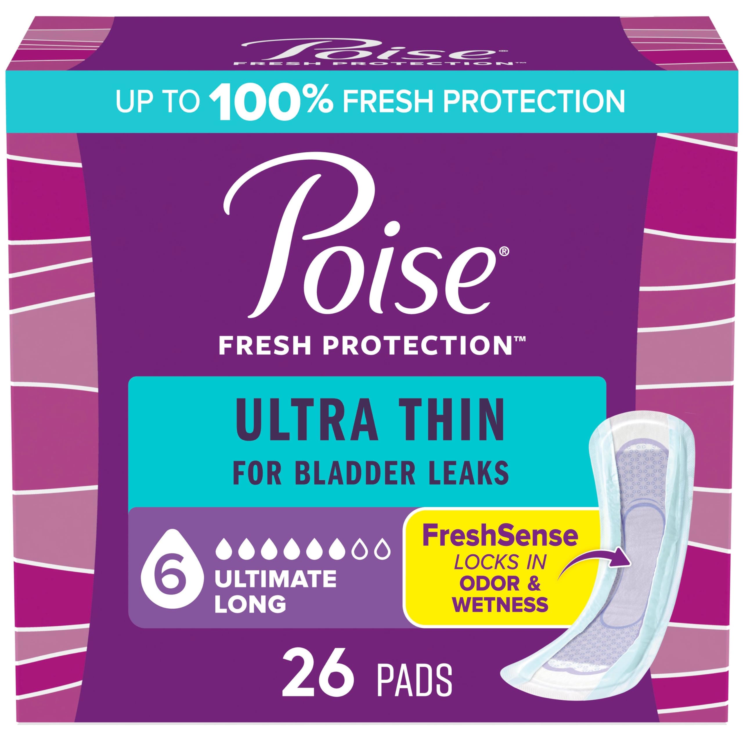 Poise Ultra Thin Incontinence Pads & Postpartum Pads for Bladder Leaks, 6 Drop Ultimate Absorbency, Long Length, 26 Count, Packaging May Vary