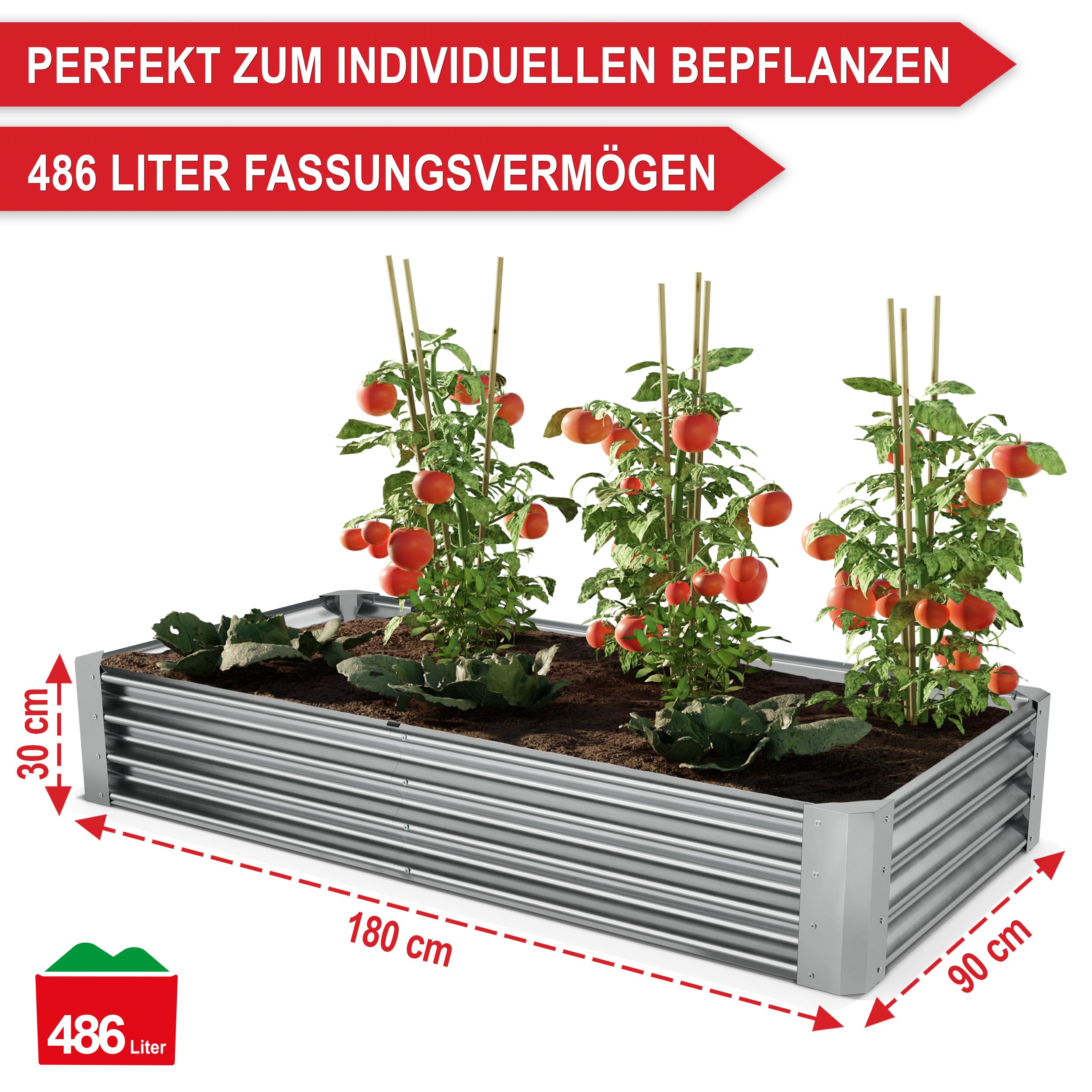 Onbest Metall Hochbeet XXL 180x90x30 cm – Gemüsebeet aus Stahl | Hochbeete-Kit für Kräuter, Gemüse und Pflanzen – pflegeleichtes Beet für Garten, Terrasse und Balkon, Farbe Silber