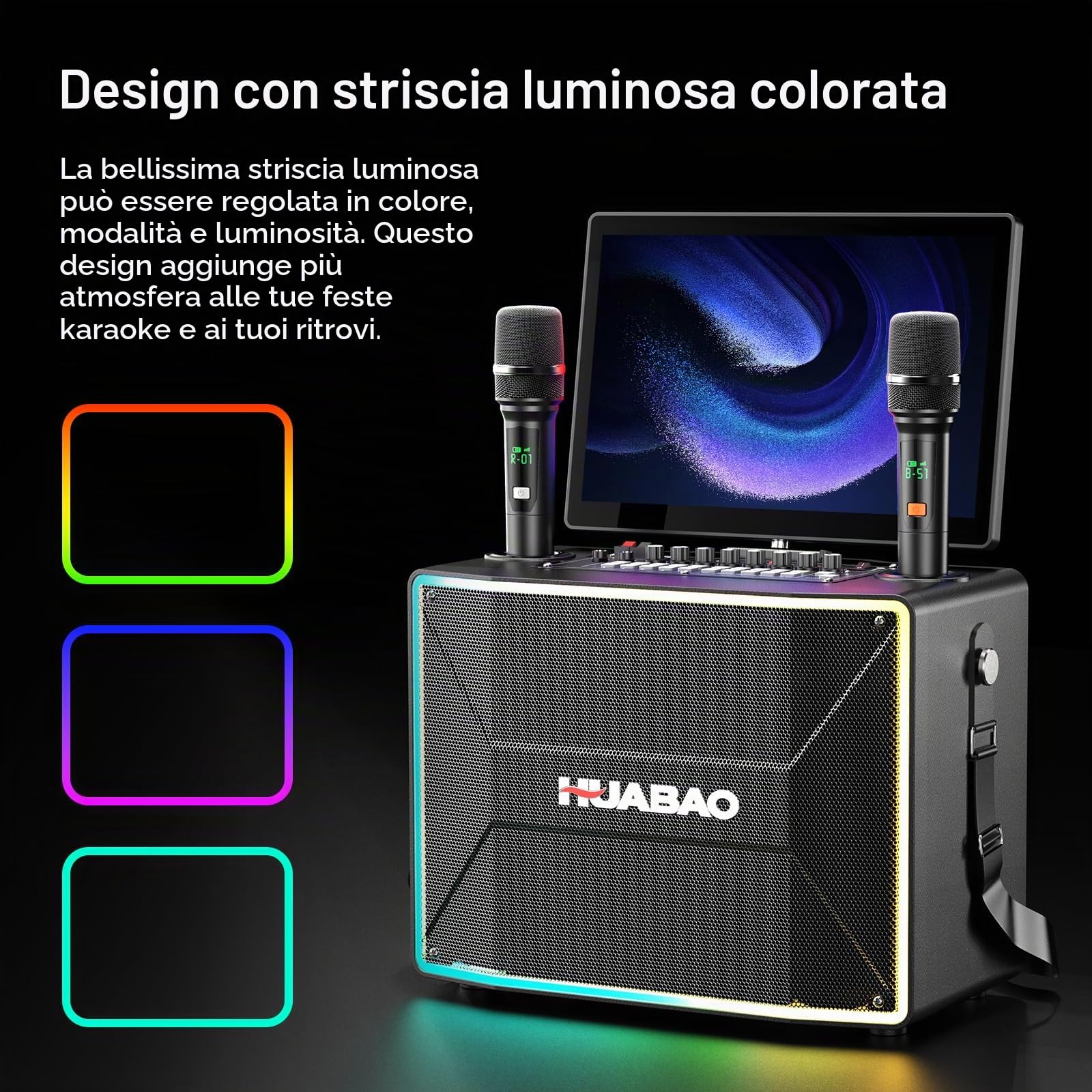 Macchina per karaoke intelligente con tablet da 14 pollici, schermo e display per i testi, altoparlante professionale per karaoke, 2 microfoni wireless, sistema PA Bluetooth, WiFi/HDMI/luci LED