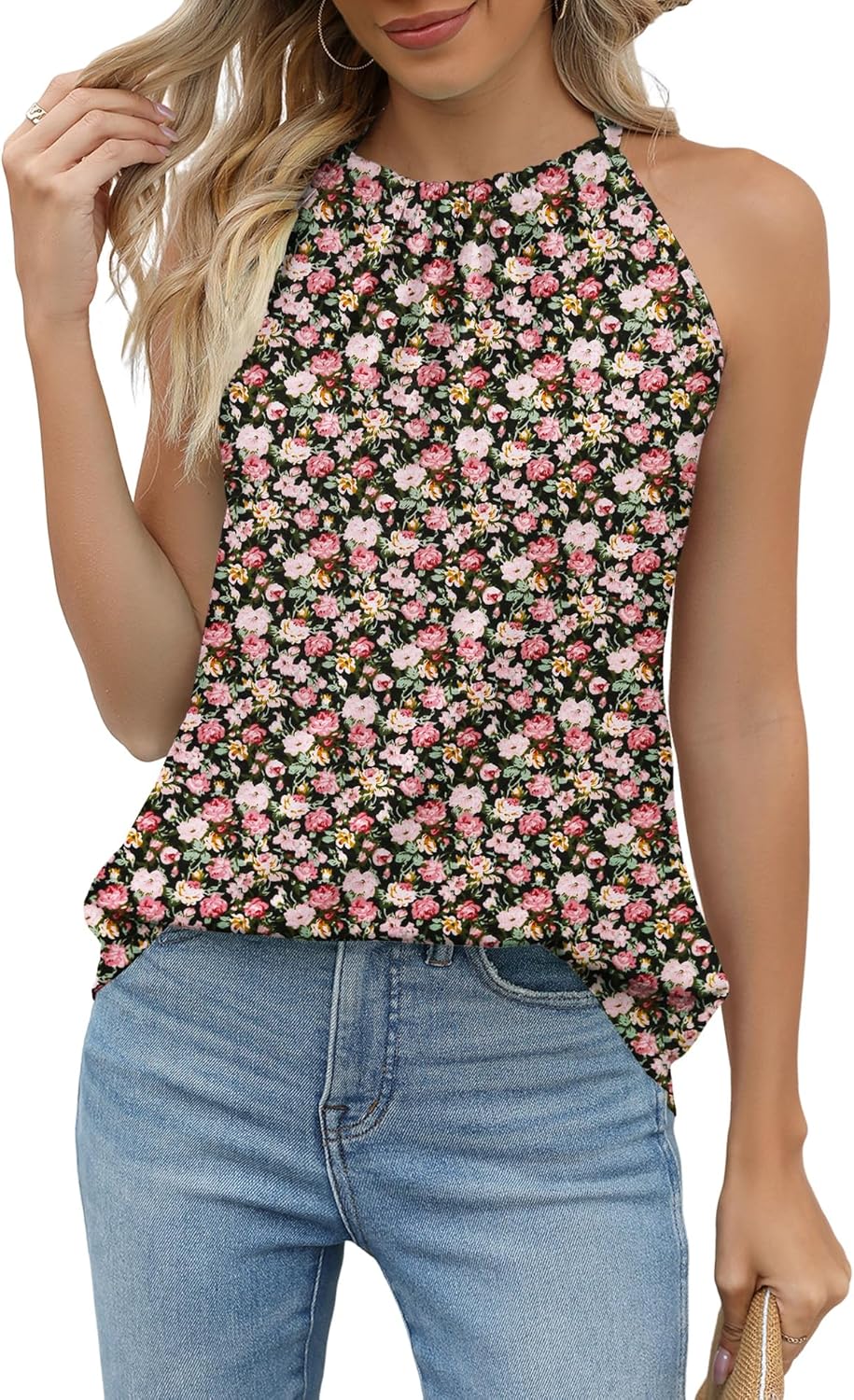 Summer Halter Tank Tops for Women Loose Fit Pleated Tie Back Sleeveless Tops Casual