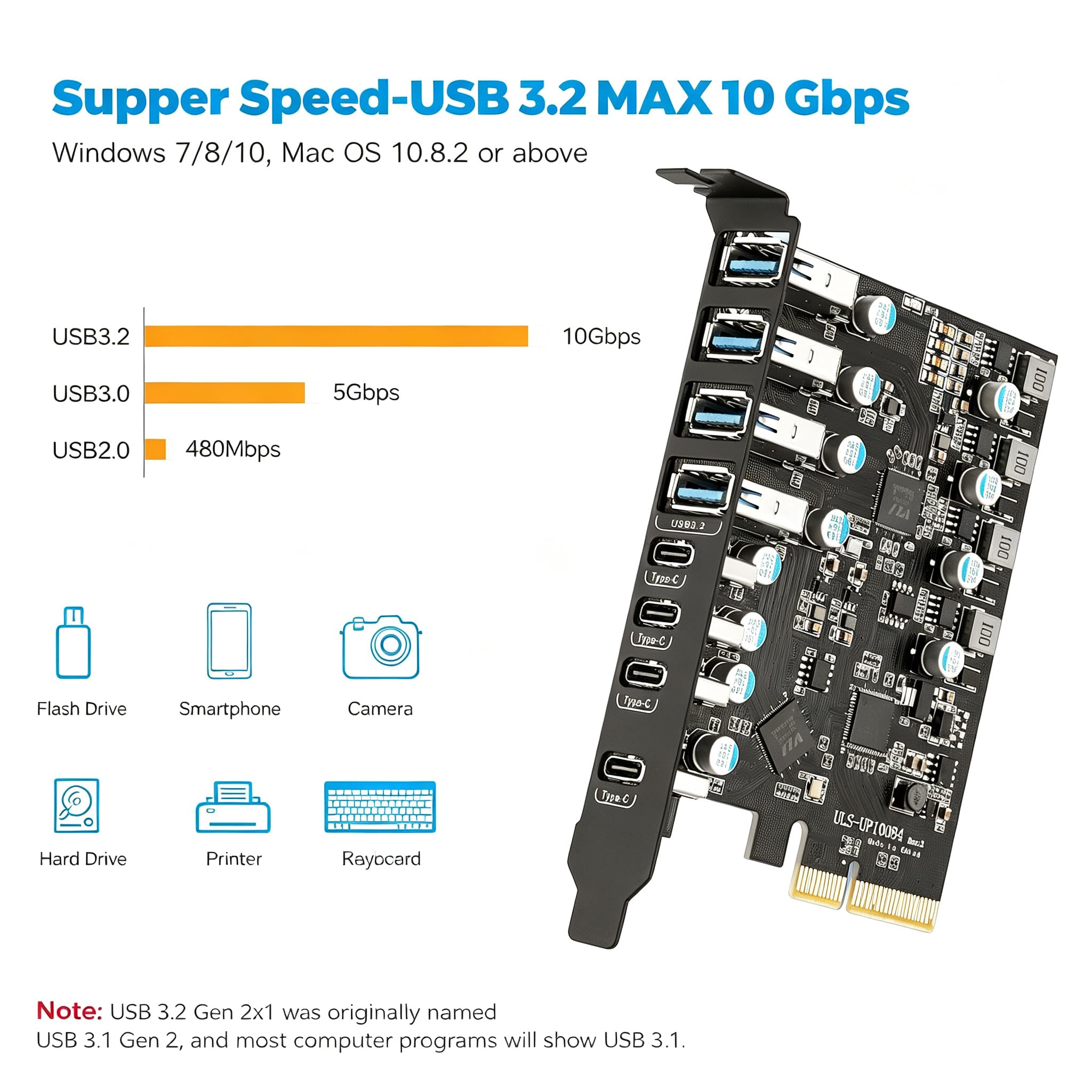 Karta USB 3.2 PCIE 8 portów, PCIE 3.2 gen2 x 1 karta 10 Gb/s, karta rozszerzeń PCI Express, wewnętrzny koncentrator USB, konwerter do komputera stacjonarnego z systemem Windows 7/8/10 Linux